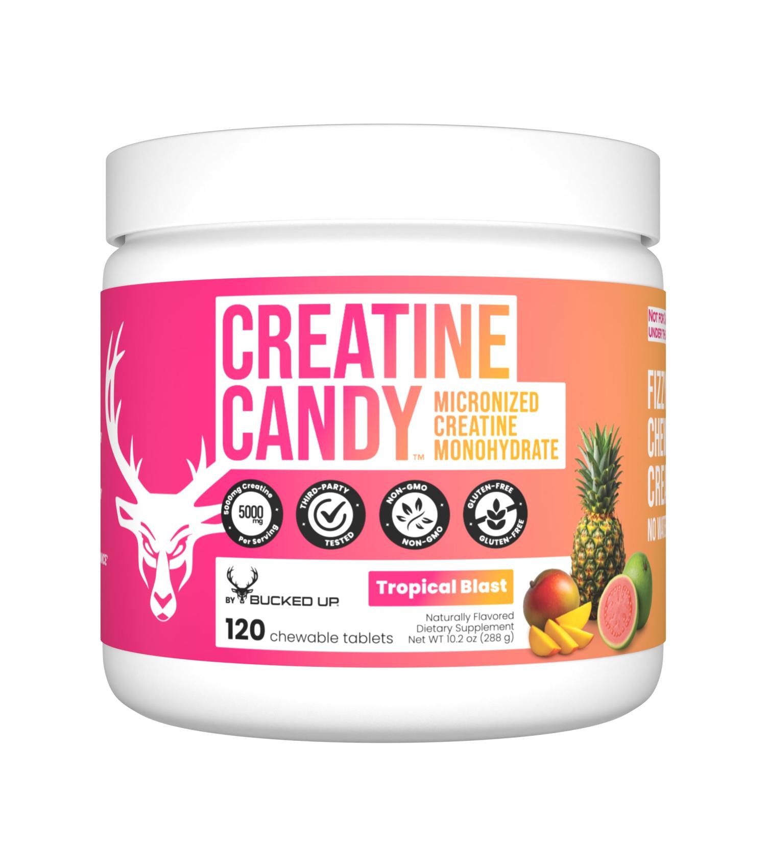 Bucked Up Creatine Candy Tropical Blast | Micronized Creatine Monohydrate | 120 Chewable Tablets 24 Servings | Fizzy Creatine No Water Needed | Non GMO Gluten Free Third Party Tested - Buy Online on GoSupps.com