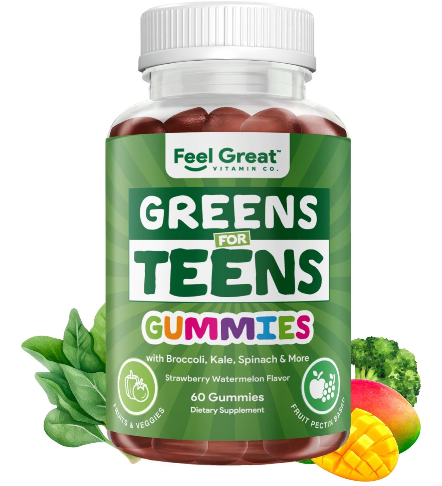 Feel Great Super Green Gummies Teen Vitamins | Vegan Veggie Gummy Multivitamin for Teens | Fruit and Vegetable Supplement | Veggie Fiber Supplement | 60 Count Teen Greens - 60 Count - Buy Online on GoSupps.com