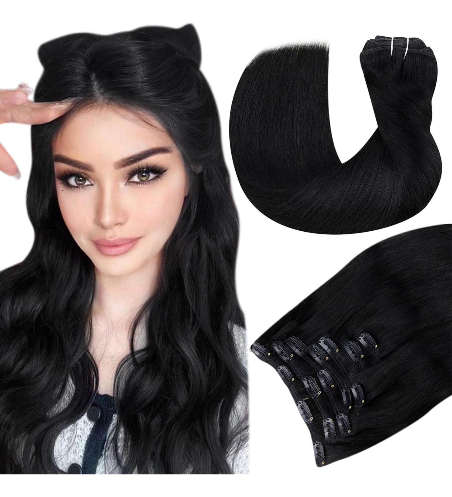 Clip in Hair Extensions Black Clip in Human Hair Extensions Natural Real Black Clip Hair Extensions Remy Thick Ends #1 100g 22 Inch - Buy Online on GoSupps.com