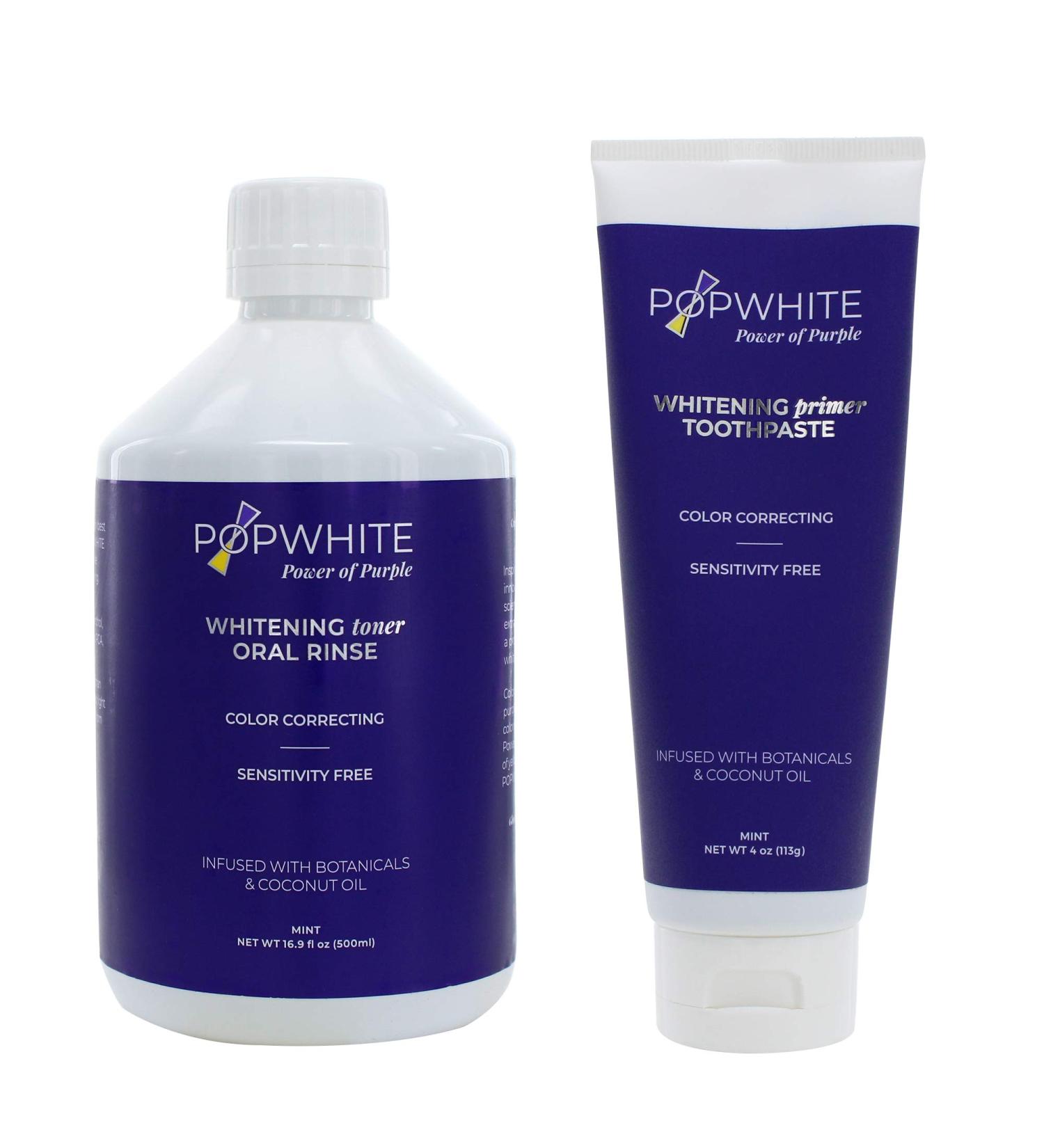 POPWHITE Purple Power Duo Teeth Whitening Set - Primer Toothpaste & Whitening Toner Rinse, Vegan, Mint Flavor, USA Made - 2/21 - Buy Online on GoSupps.com
