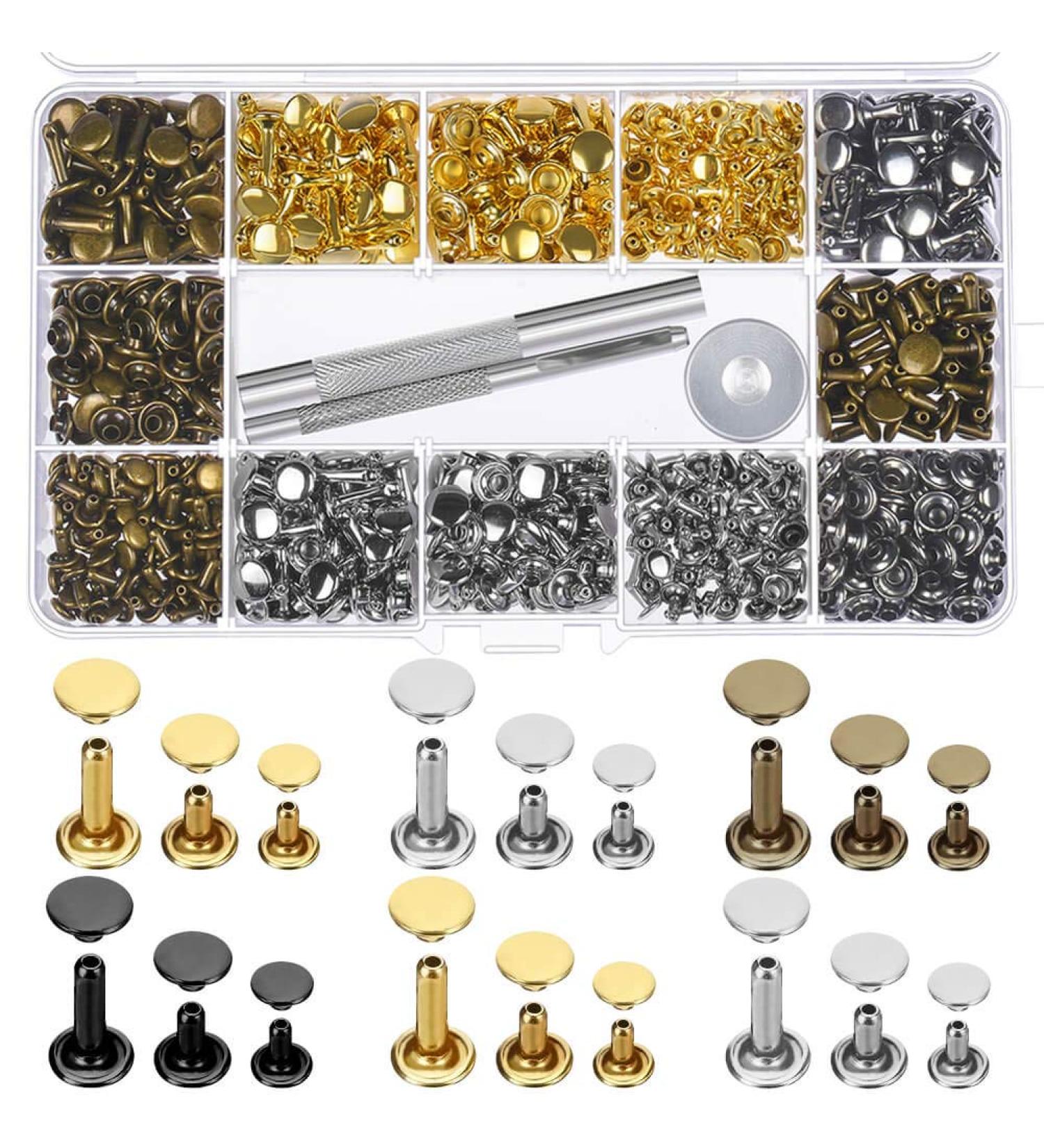 Paxcoo 480 Sets Double Cap Rivets with Setting Tool Kit for Leather Craft - 3 Sizes, Tubular Metal Studs - 4 Colors - Buy Online on GoSupps.com