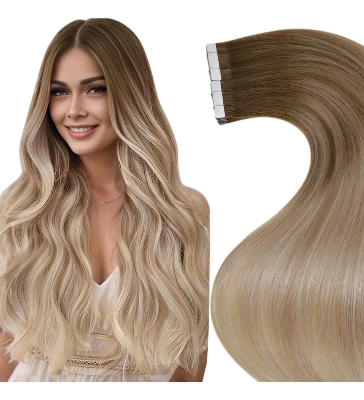 Shop Laavoo Light Brown Tape-In Hair Extensions | Real Hair Balayage Blonde Ombre #8/16/60 | Invisible Tape Extensions 45cm 50g (20PCS) - International Shipping - Buy Online on GoSupps.com