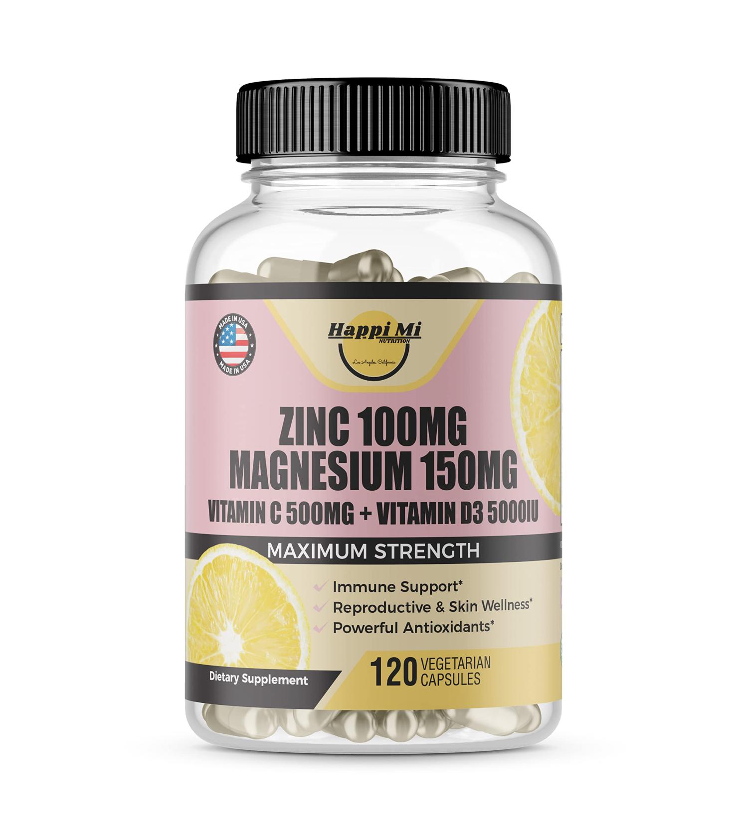 Happi Mi Nutrition Immune Support Supplement with Zinc 100mg, Magnesium Glycinate 150mg, Vitamin D3 5000 IU & Vitamin C 500mg - Antioxidant & Immune Booster Formula - Buy Online on GoSupps.com