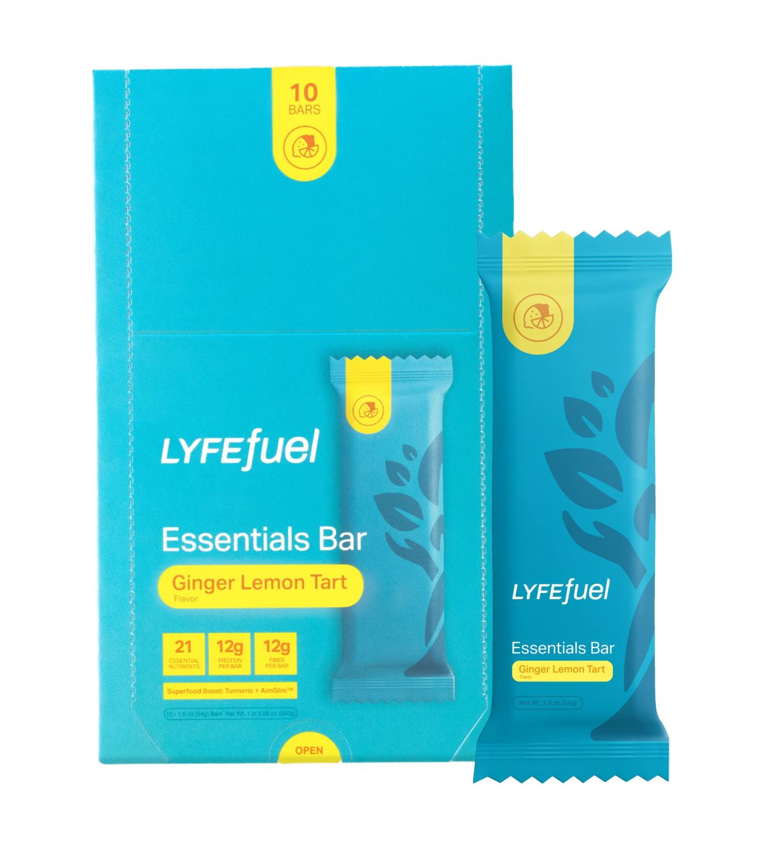 LyfeFuel Vegan Nutrition Bar - High Fiber, Low Sugar, 21 Vitamins & Minerals - Ginger Lemon Tart Flavor - Box of 10 - Buy Online on GoSupps.com