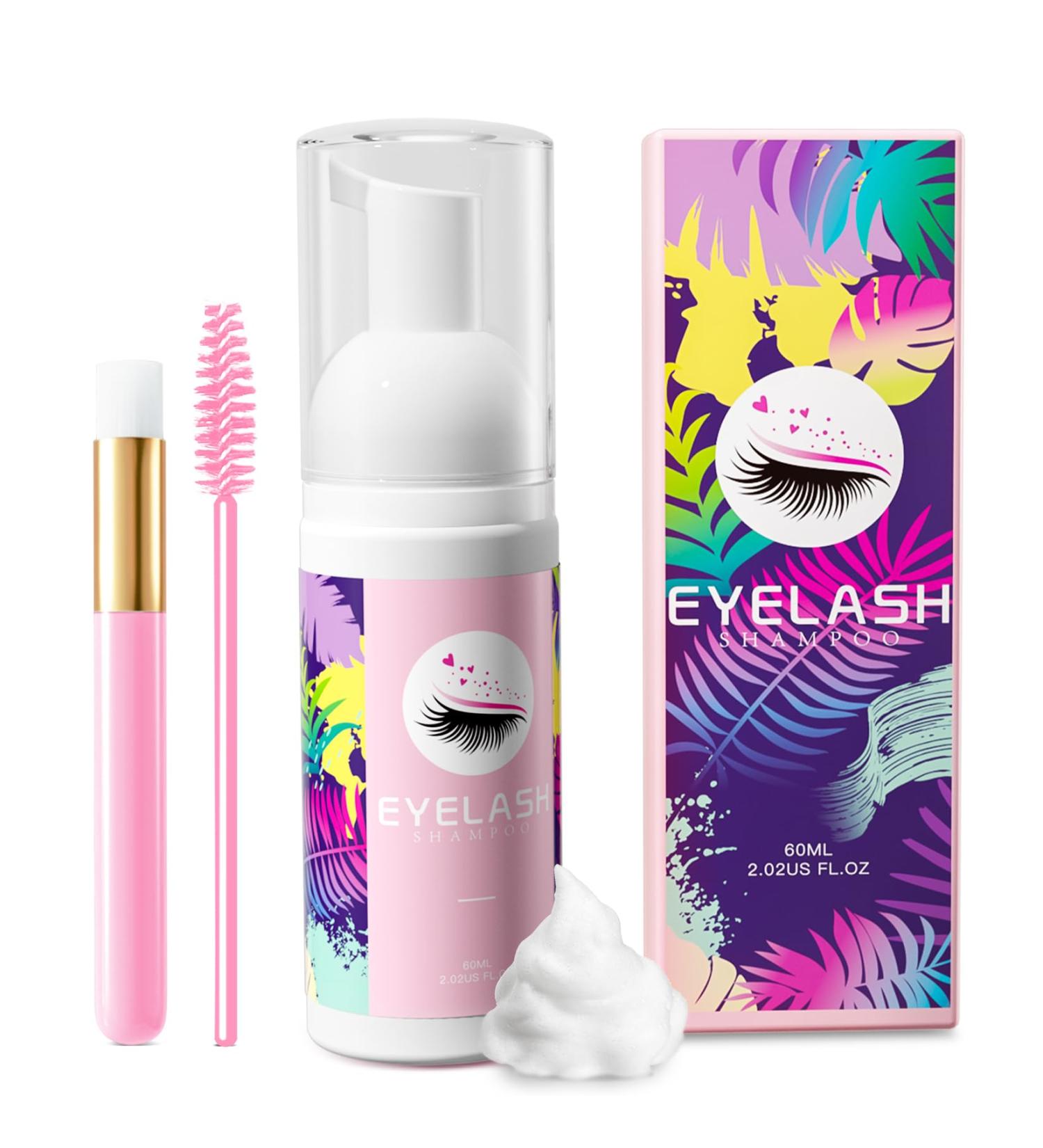 Buqikma Lash Shampoo for Eyelash Extensions - Gentle Foaming Cleanser Kit (60ml) with Brush for Salon & Home Care - Pink - Buy Online on GoSupps.com