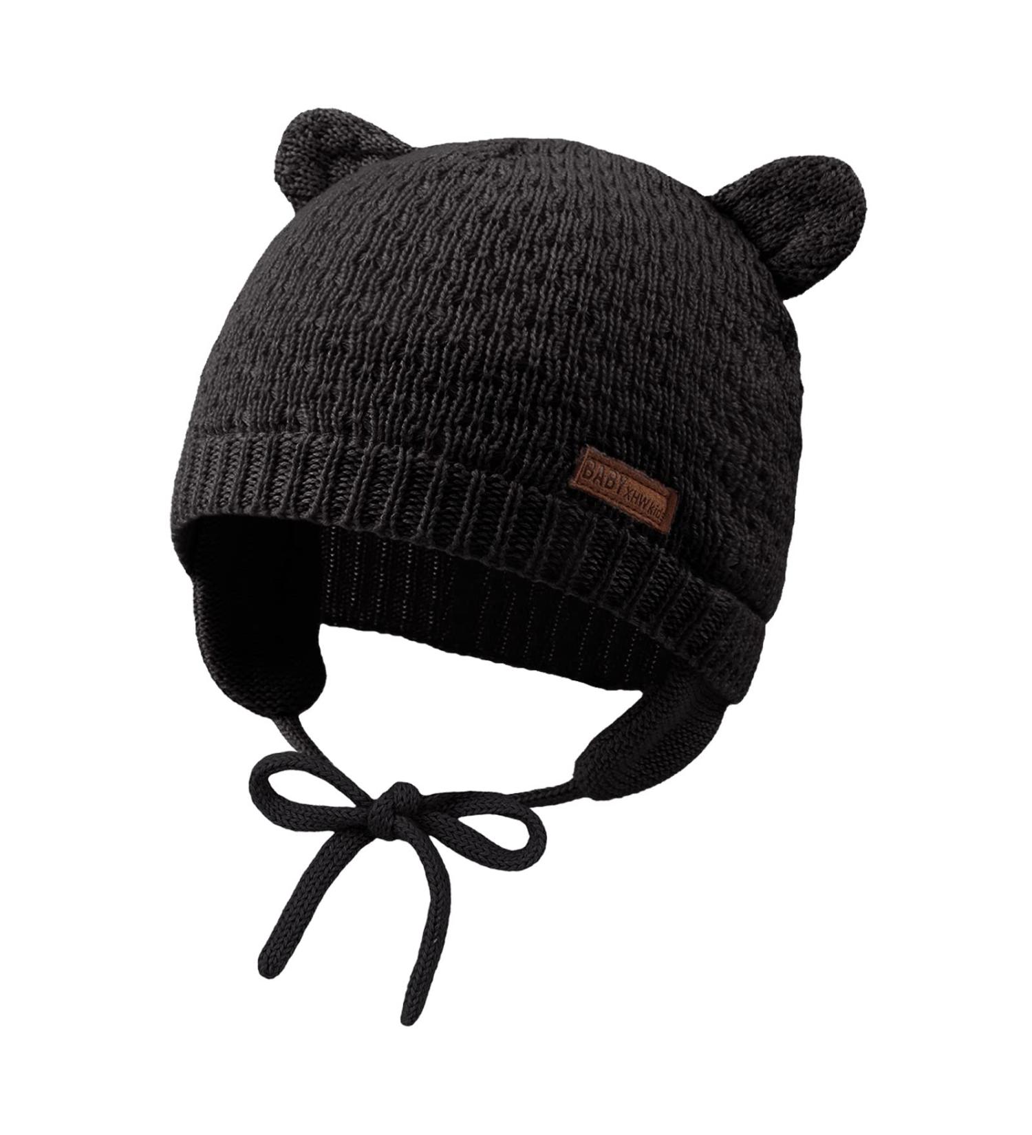 XIAOHAWANG Baby Earflap Beanie Hat - Soft Knit Bear Design, Black - 0-6 Months - Buy Online on GoSupps.com