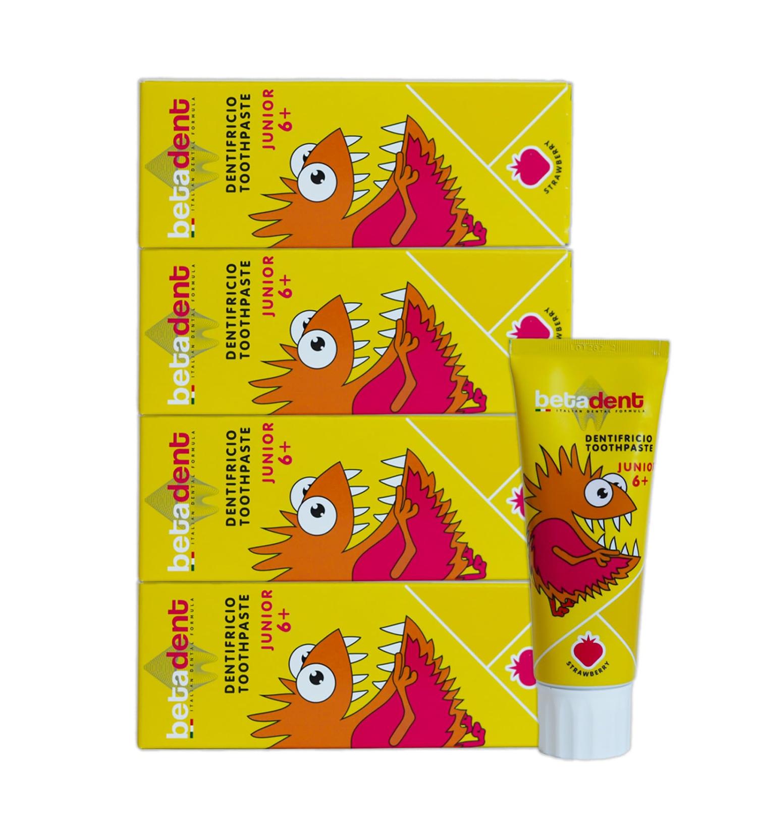  BETADENT Betadent Junior 6+ toothpaste kit for children aged 6 and up. Natural formulation anti-plaque and anti-caries. Balanced dose of fluorine salts at a concentration of 950 ppm F. 4x75 ml - Buy Online on GoSupps.com