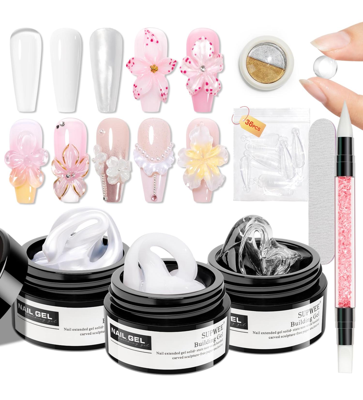  SUPWEE Solid Builder Gel 14g Pearl White 3D Nail Extension Kit Multifunctional with Chrome Powder and Silicone Pen for Home Manicure - Buy Online on GoSupps.com