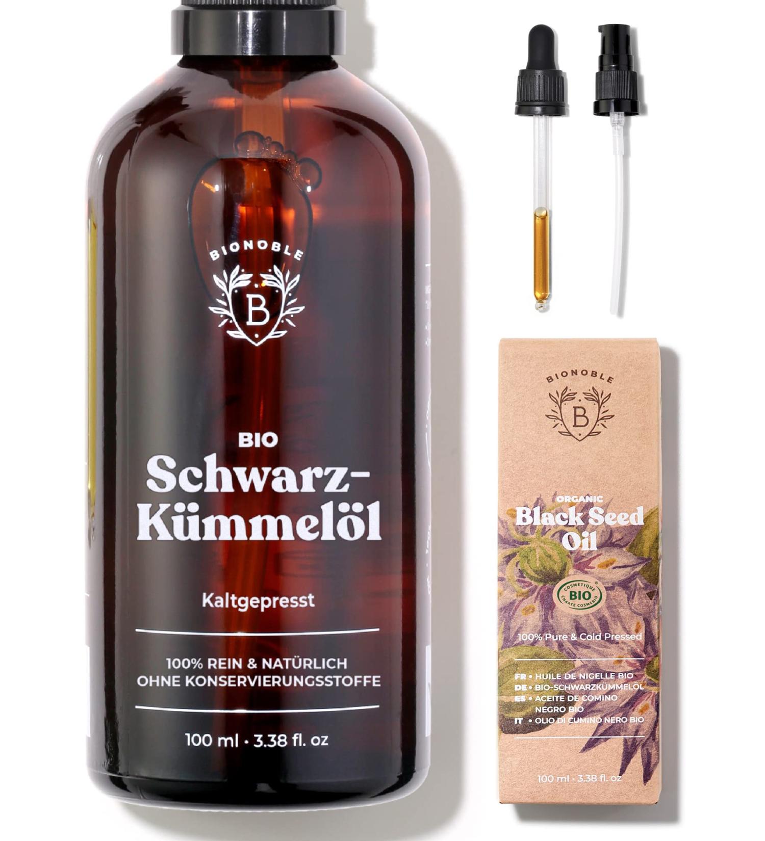 Bionoble Organic Black Cumin Oil 100ml - Cold-Pressed Vegan Black Seed Oil for Face Body & Hair - Egyptian Unfiltered Oil with Pipette & Pump - Buy Online on GoSupps.com