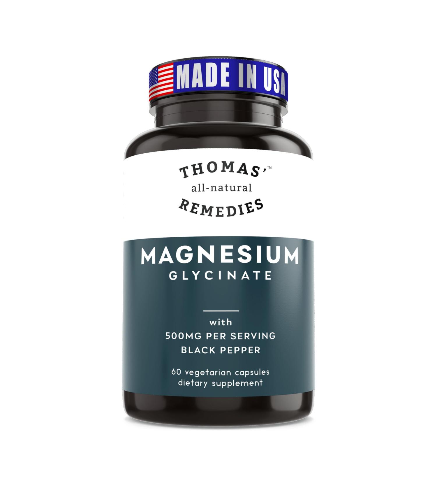 Thomas' all-natural Remedies Magnesium Glycinate Supplements High Absorption Dietary Supplements for Muscle and Bone Support Non-GMO No Fillers 60 Vegan Capsules 500mg per Serving - Buy Online on GoSupps.com