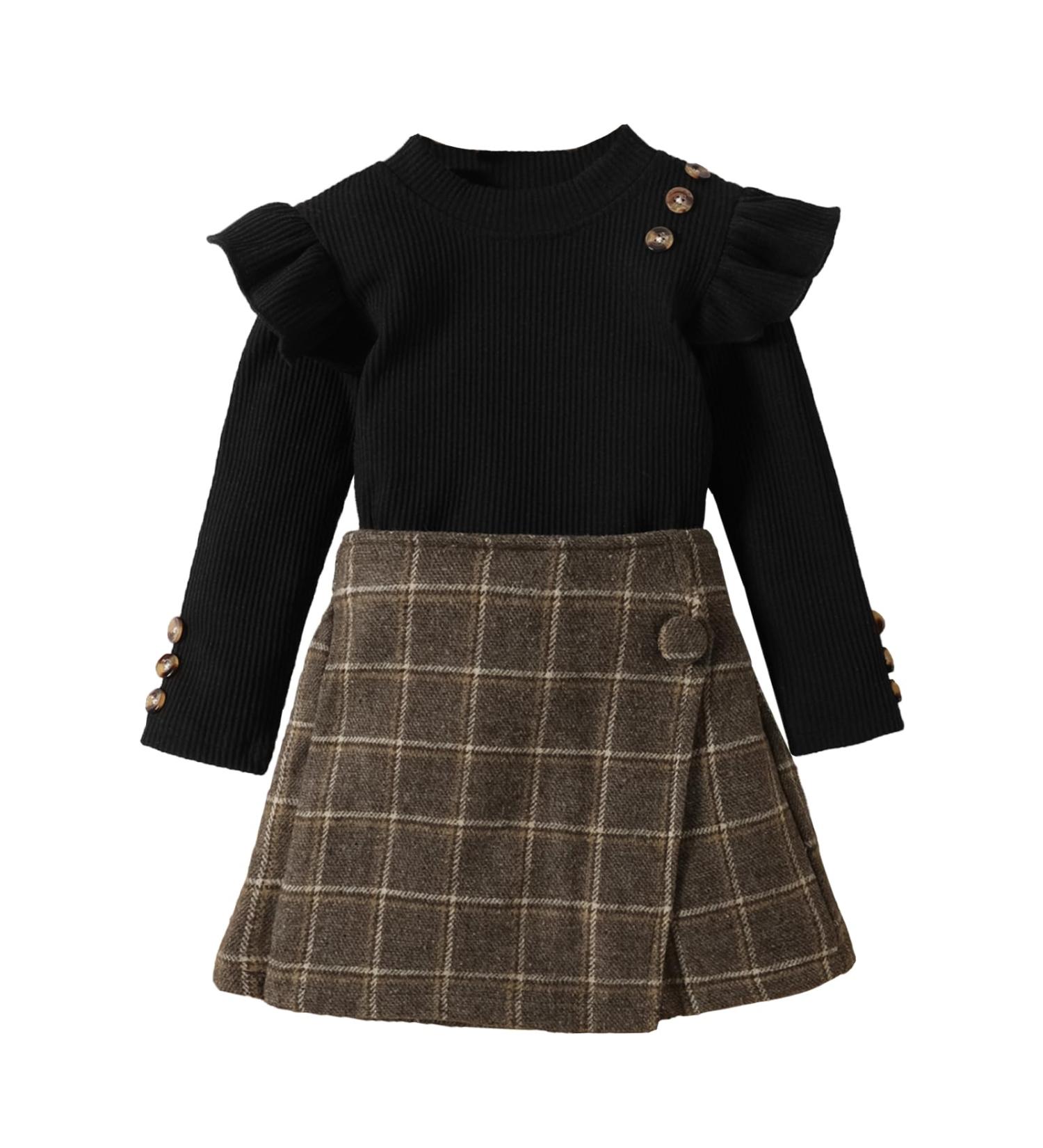 Miipat Baby Girl Clothes Set | Fall Winter Long Sleeves Toddler Outfit | Pullover Tops with Mini Skirts | Girls Dress 5-6 Years | BlackCoffee - Buy Online on GoSupps.com
