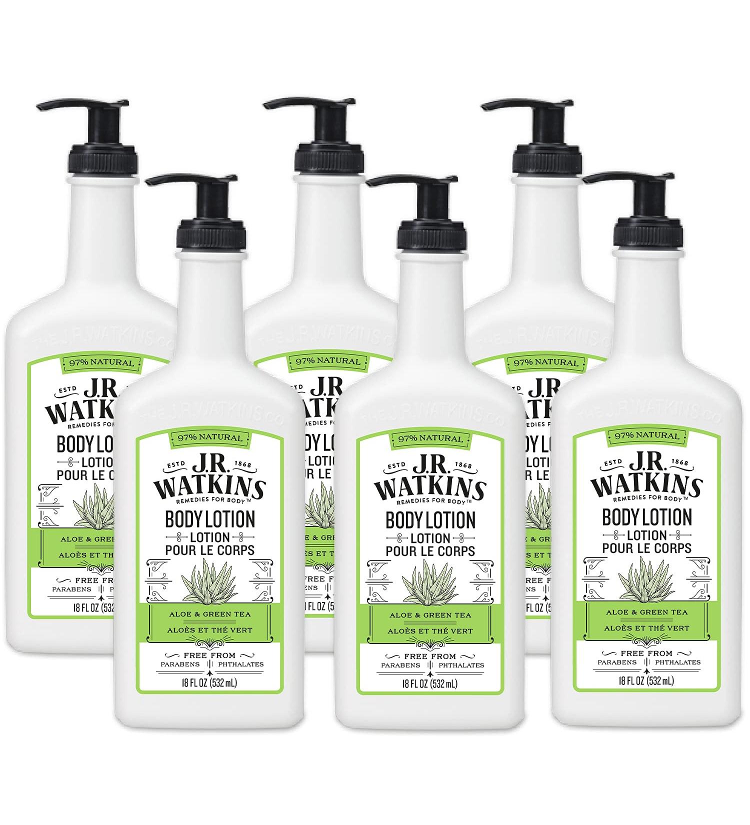J.R. Watkins Daily Moisturizing Lotion Body Cream 6 Pack - Shea Butter, Cocoa Butter, Coconut Oil, Vitamin E - Hydrating Skin Cream with Aloe & Green Tea - 18 fl oz Pump Dispenser - Buy Online on GoSupps.com