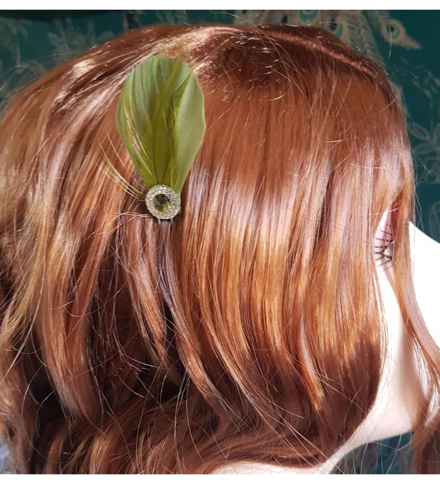 Bridal Bridesmaid Feather Hair Grip Prong Olive Green and Gem Hair Piece