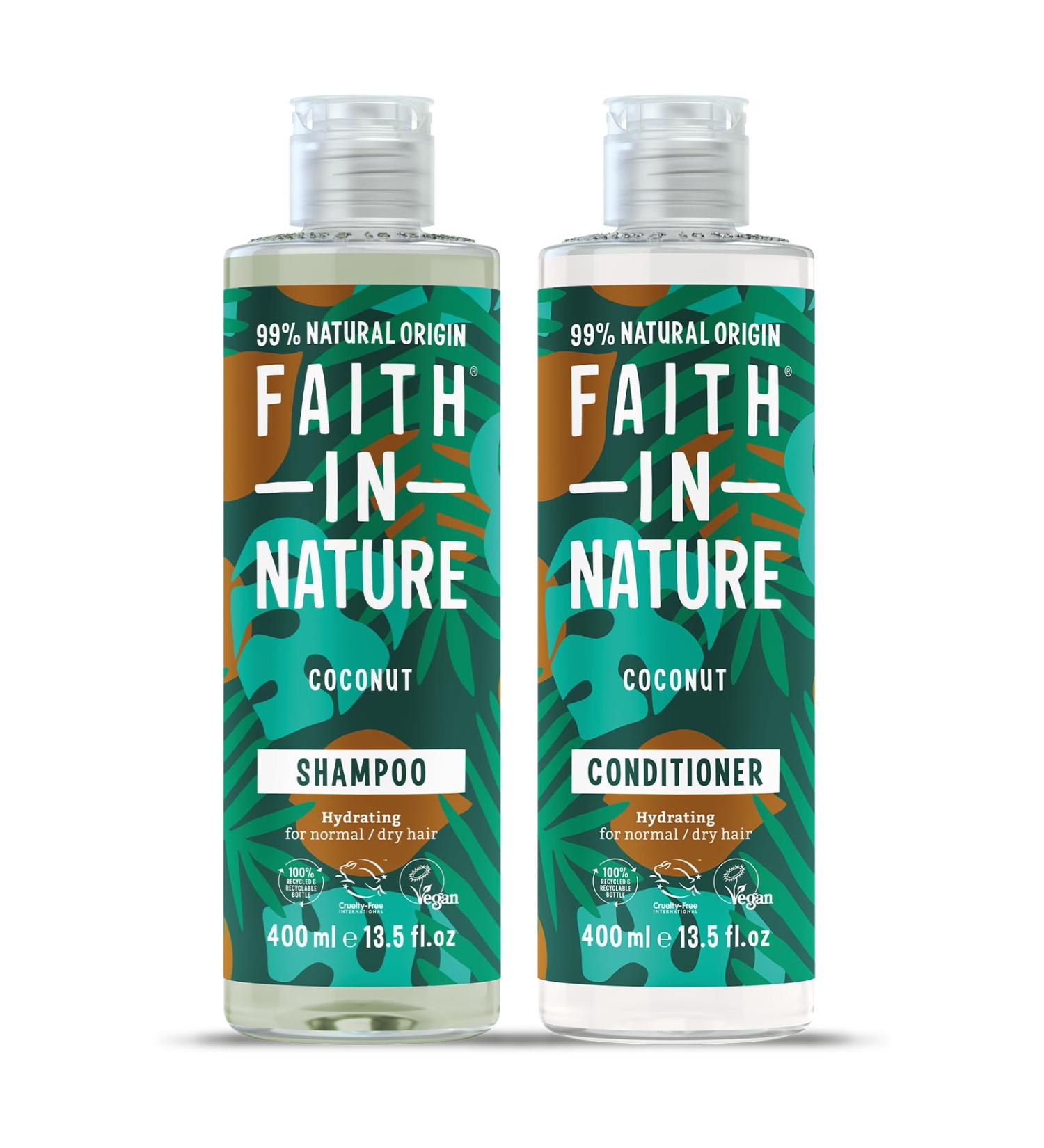Faith In Nature Natural Coconut Shampoo and Conditioner Set Hydrating Vegan & Cruelty Free No SLS or Parabens For Normal to Dry Hair 2 x 400ml Pack - Buy Online on GoSupps.com
