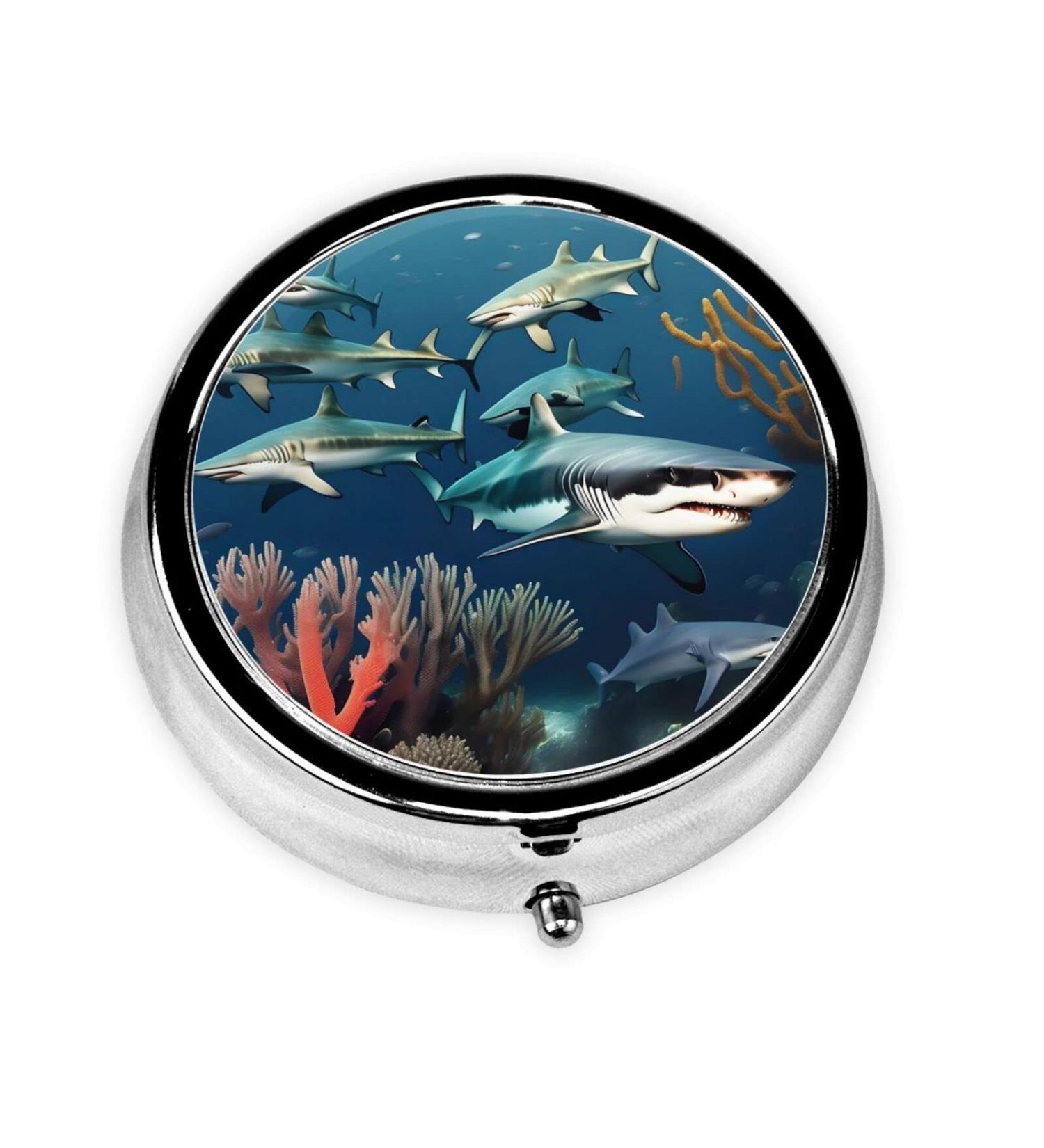 Sharks Under The Sea Round Pill Box - 3 Compartment Travel Organizer Portable Pill Box for International Shipping - Buy Online on GoSupps.com