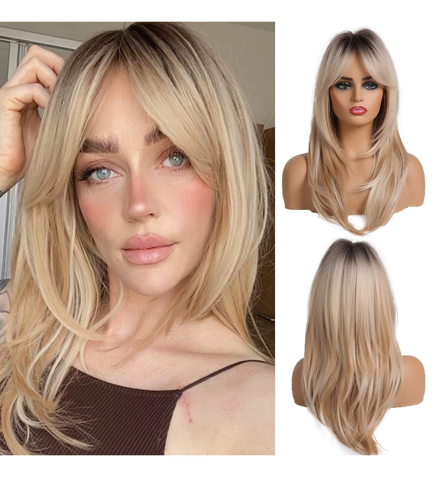 Oefei 20 Inch Blonde Layered Synthetic Wig with Dark Roots - Perfect for Daily Wear - Buy Online on GoSupps.com