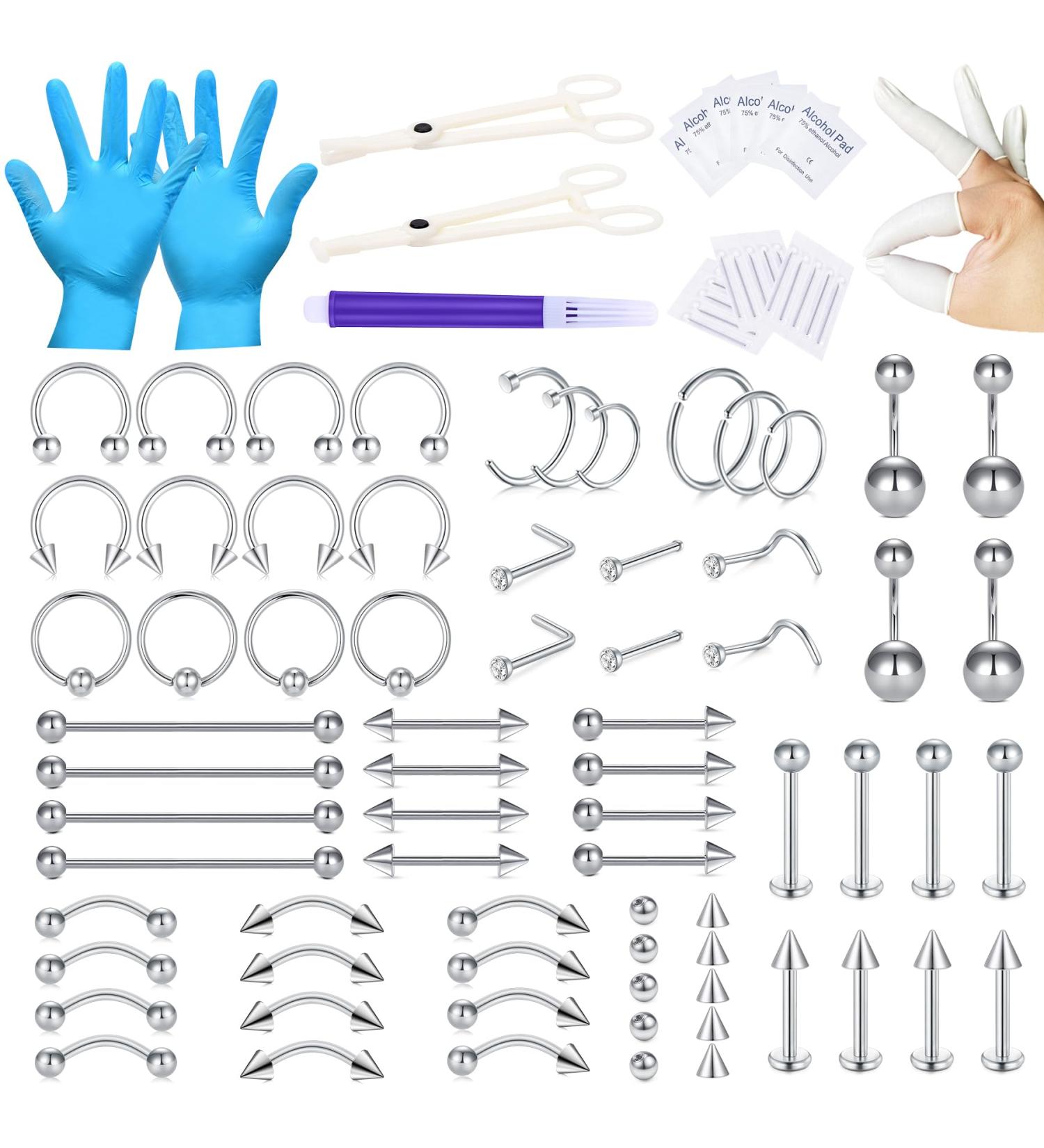 JIESIBAO 100PCS Piercing Kit - 12G 14G 16G Needles & Clamps for Nose Septum Belly Button Lip Tongue Eyebrow Cartilage & More - Professional Piercing Tools - Fast International Shipping - Buy Online on GoSupps.com
