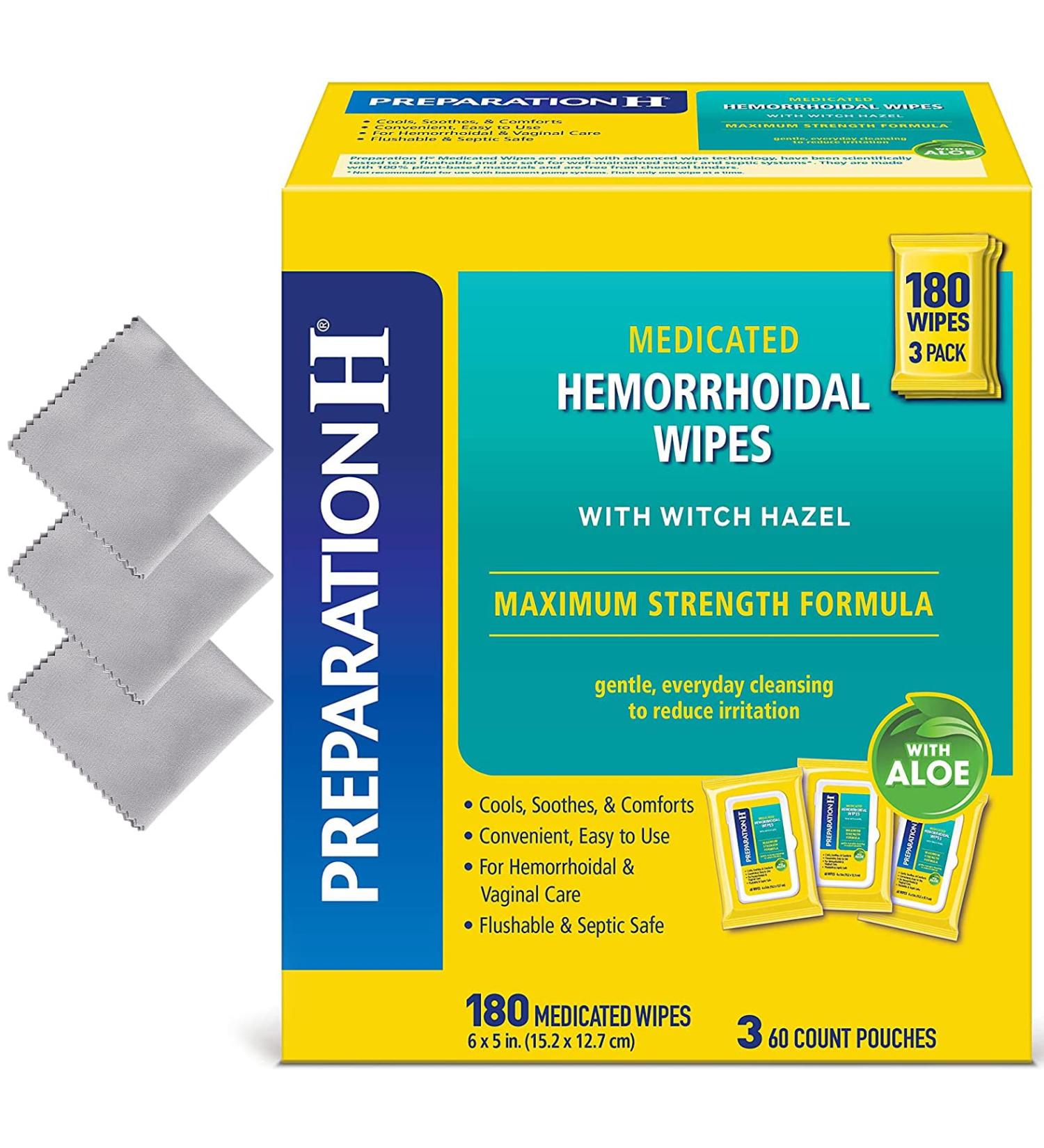 PreparationH Medicated Hemorrhoidal Wipes 180 Ct with Witch Hazel & Aloe - Bonus 3 Microfiber Cloth - Buy Online on GoSupps.com