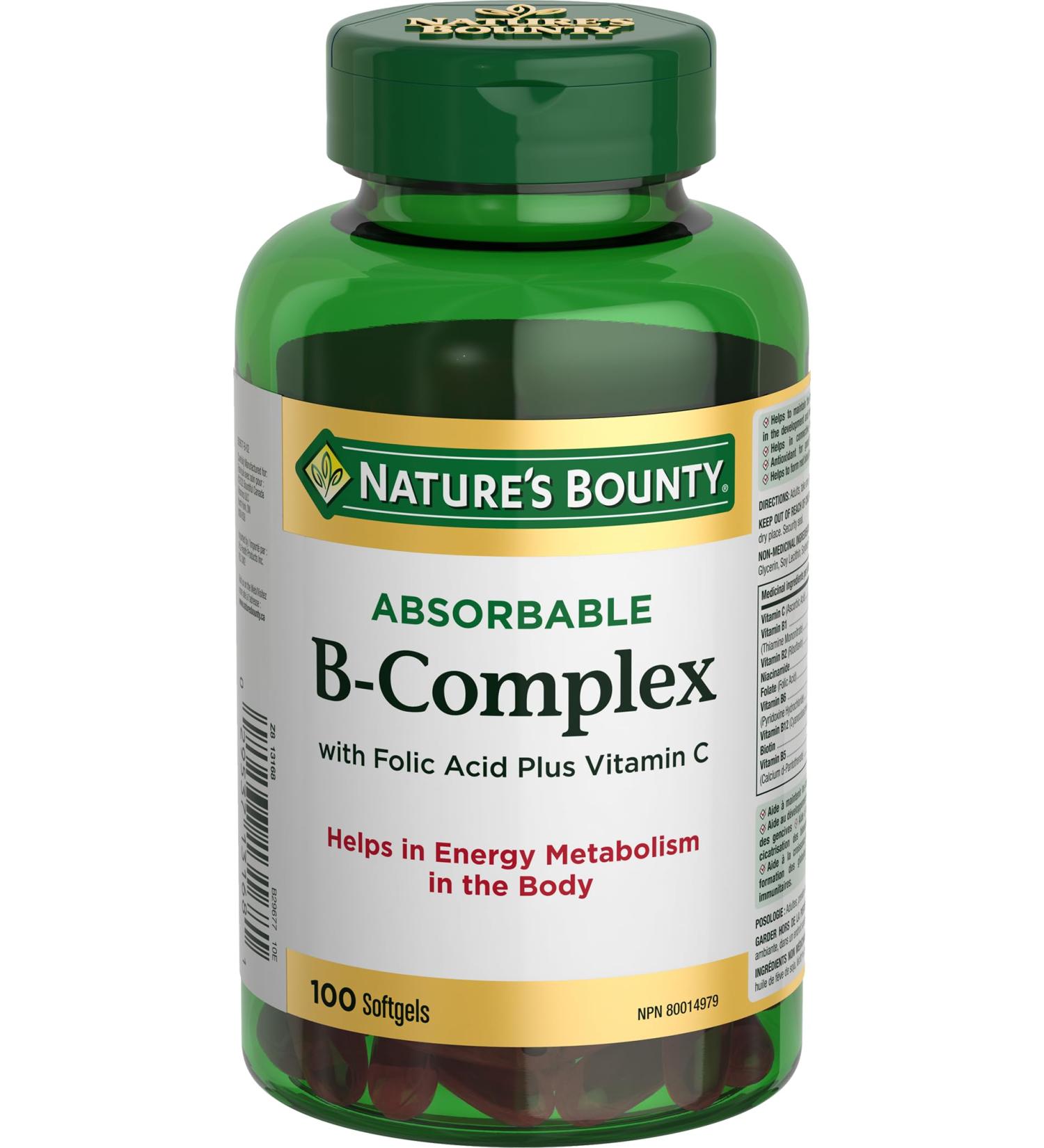 Nature's Bounty B Complex w/Folic Acid plus Vitamin C Helps Metabolize Carbohydrates 100 Softgels B Complex Unflavored 100 count (Pack of 1) - Buy Online on GoSupps.com