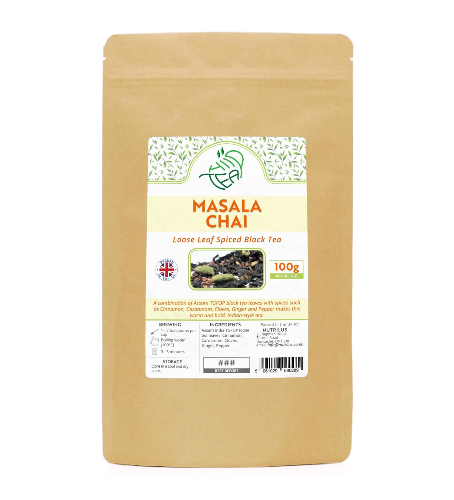 Masala Chai Premium Assam Black Tea With Spices - Cardamom & Cinnamon & Cloves & Ginger & Pepper (100g) - Buy Online on GoSupps.com