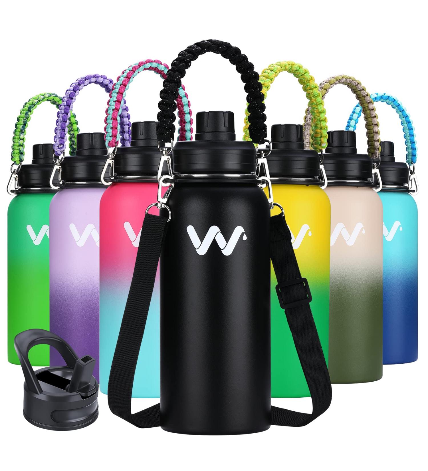 WEREWOLVES Insulated Water Bottle 32 oz - Stainless Steel with Paracord Handle, Straw & Spout Lid - Wide Mouth Reusable Vacuum Bottle for Adults - Black - Buy Online on GoSupps.com