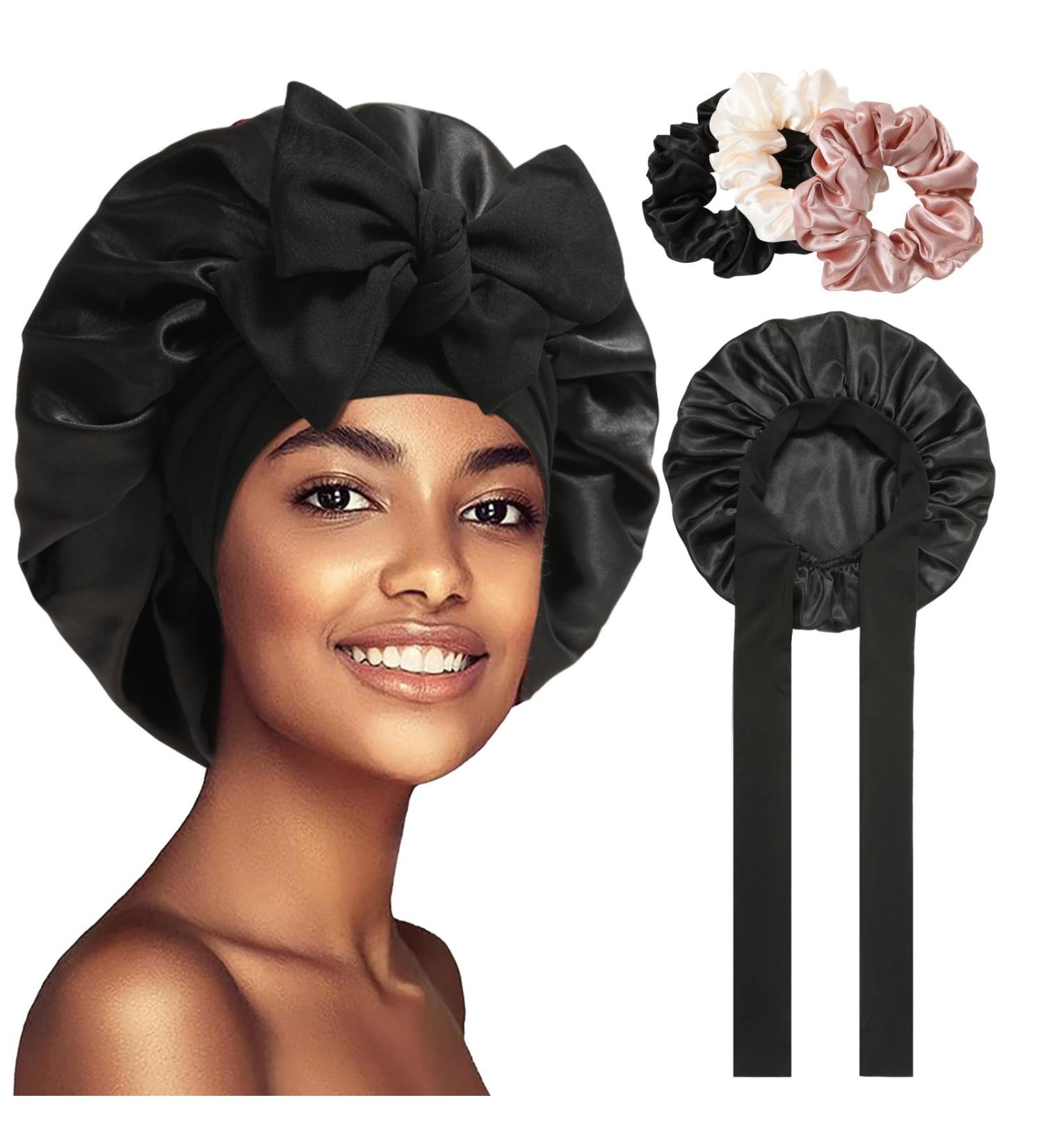 Welrog Silk Sleeping Hood for Women - Black Night Hair Bonnet & 3 Hair Ties | Luxury Sleep Cap for Healthy Hair - Buy Online on GoSupps.com