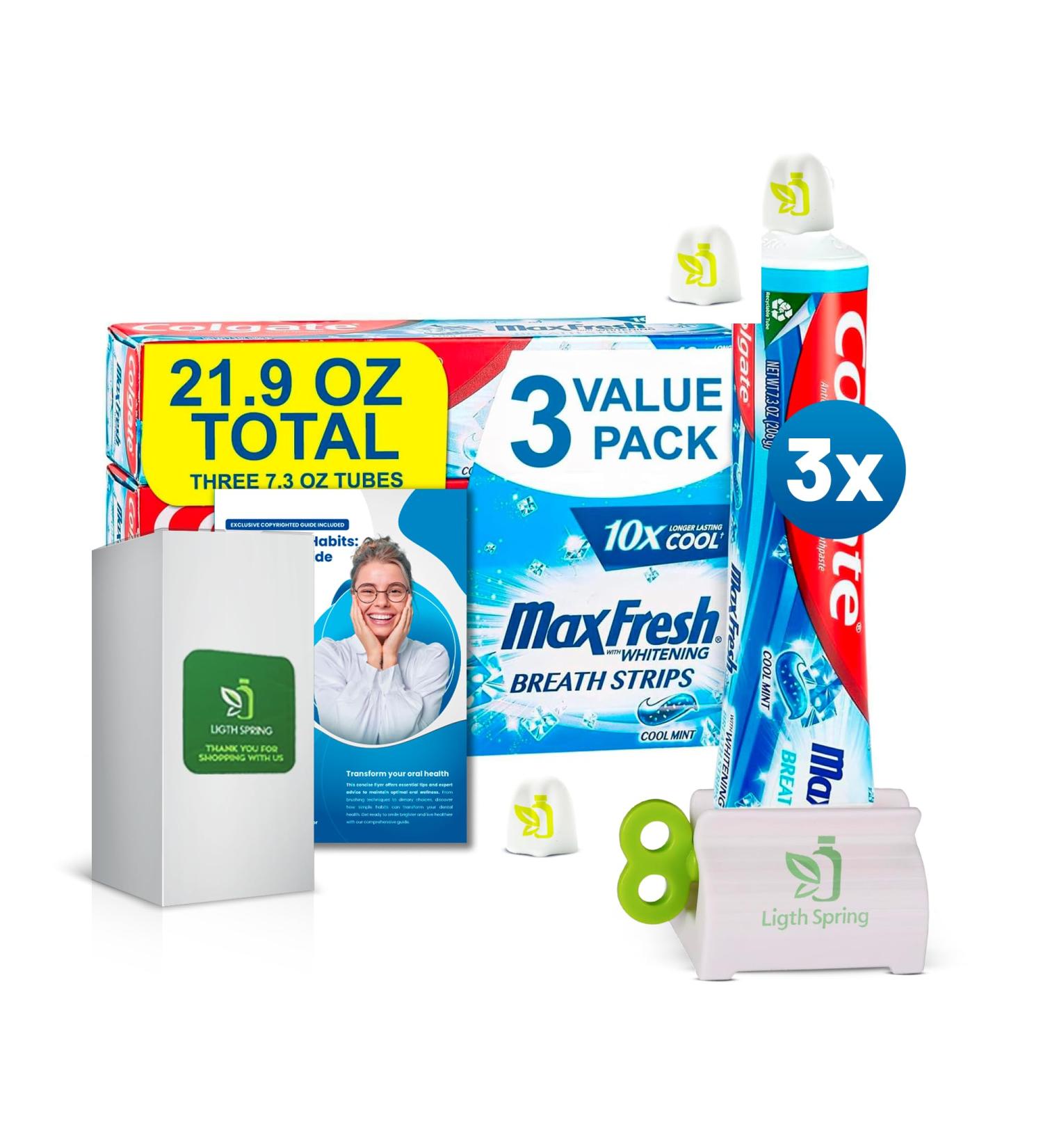 Max Fresh Whitening Toothpaste with Mini Breath Strips - Cool Mint 3 Large Tubes (21.9 oz) + Bonus Gift Set: Toothpaste Squeezer & No-Mess Caps - International Shipping Available - Buy Online on GoSupps.com