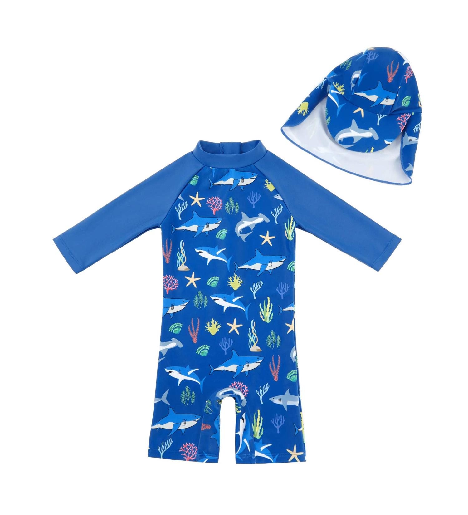 UPF 50+ Baby Boy Swimwear Set with Sun Hat | Blue Shark One Piece Zip Swimsuit 12-18 Months - Buy Online on GoSupps.com