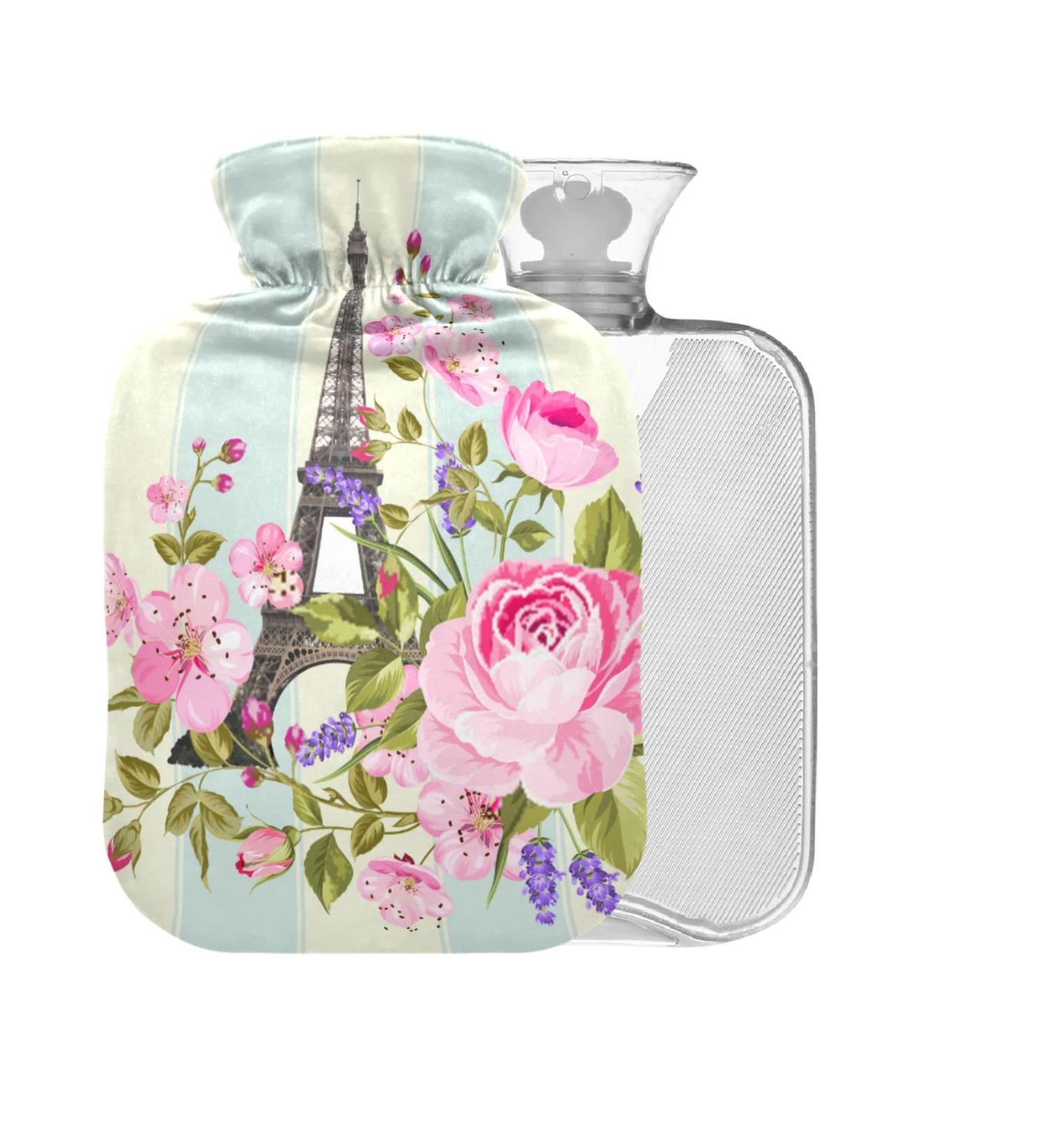 2L Eiffel Tower Floral Hot Water Bottle with Cover - BPA Free Large Bag for Pain Relief Bed Hand & Feet - Buy Online on GoSupps.com