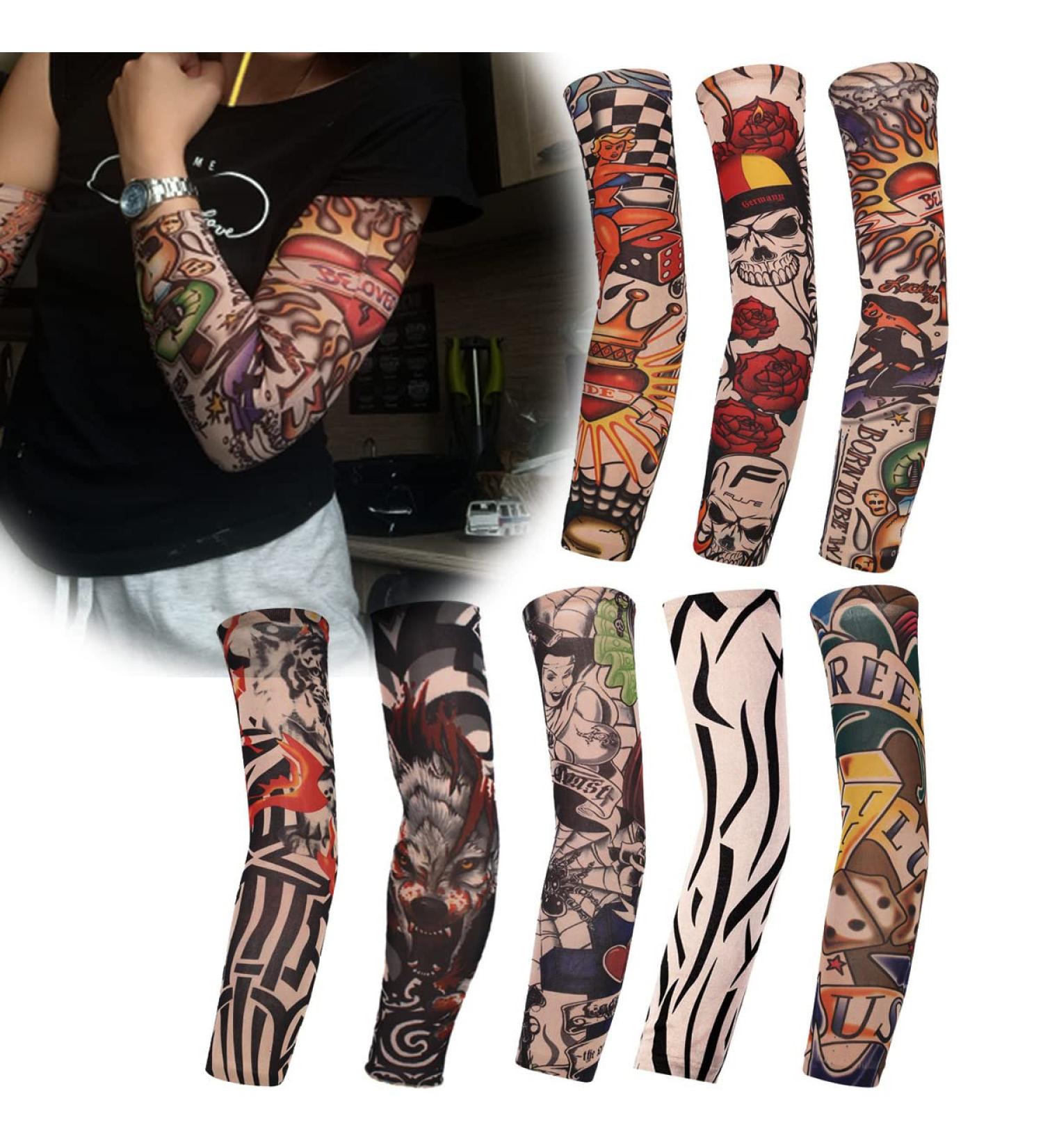 Men's 8pcs Temporary Tattoo Sleeves - Fake Slip On Sunscreen Arm Protectors for Cosplay & Body Art - Buy Online on GoSupps.com