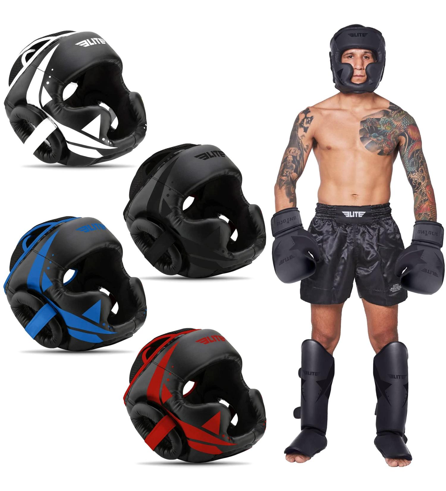 Elite Sports Men's Boxing MMA Kickboxing Headgear | Muay Thai Sparring Head Guard - Black - Buy Online on GoSupps.com