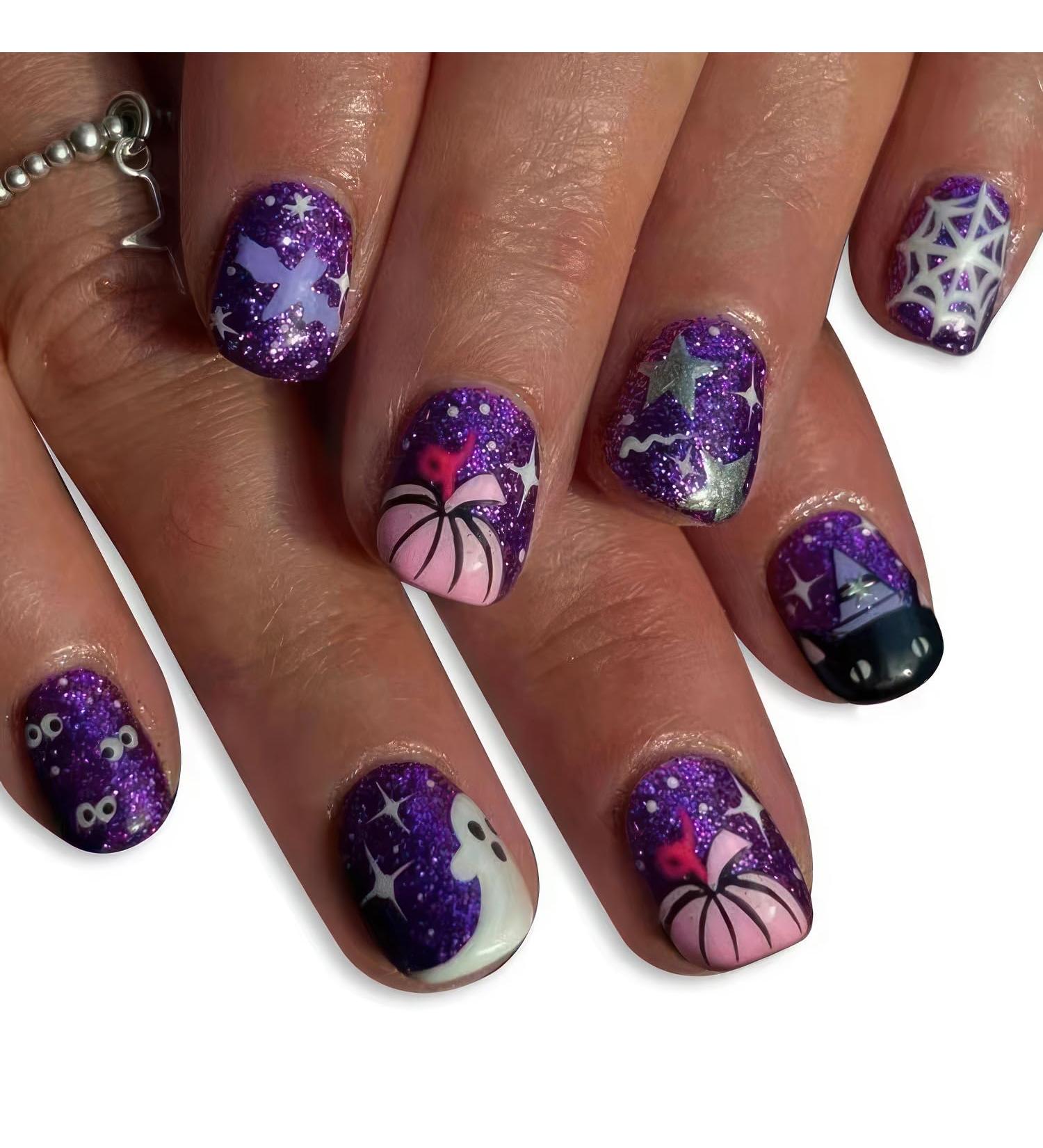 24Pcs Dark Purple Halloween Press-On Nails | Short Square Glitter Fake Nails Set | Reusable Stick-On Nails for Women & Girls | Perfect Gift A11 - Buy Online on GoSupps.com