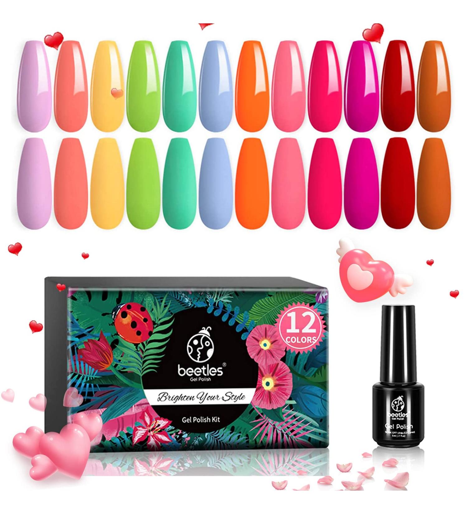 Beetles 12-Piece Macaroon Gel Nail Polish Kit - Hot Pink Red Neon Green Yellow Set | Salon-quality Soak Off LED Nail Lamp Manicure Set for Women, Mom, Girlfriend | Nail Art Gifts - Buy Online on GoSupps.com