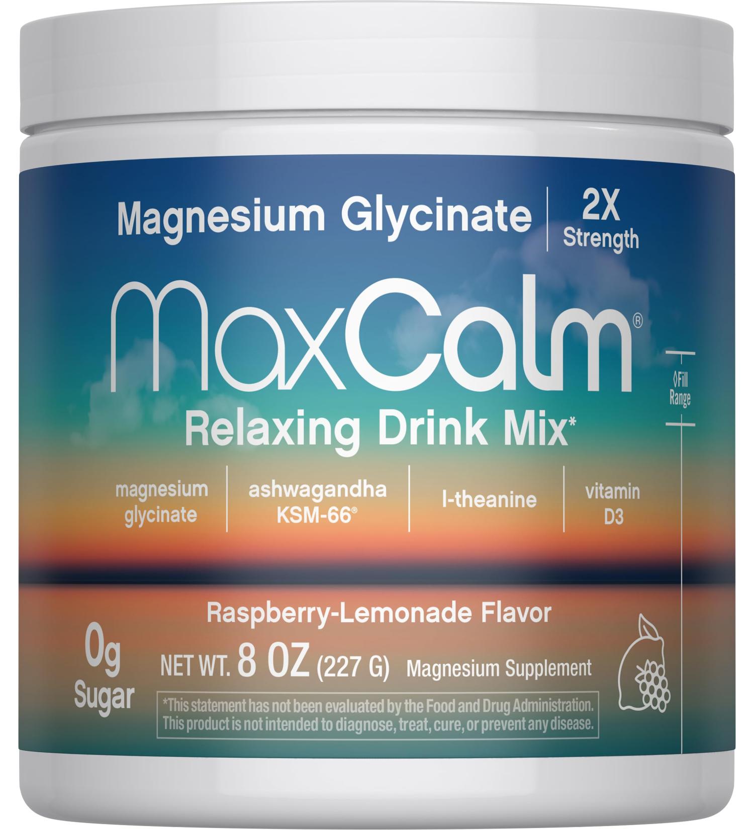 Max Calm Relaxing Drink Mix | Raspberry-Lemonade Flavor | Magnesium Glycinate KSM-66 Ashwagandha L-Theanine & Vitamin D3 | MaxCalm | Gluten-Free Vegan | 8 Ounce Powder - Buy Online on GoSupps.com