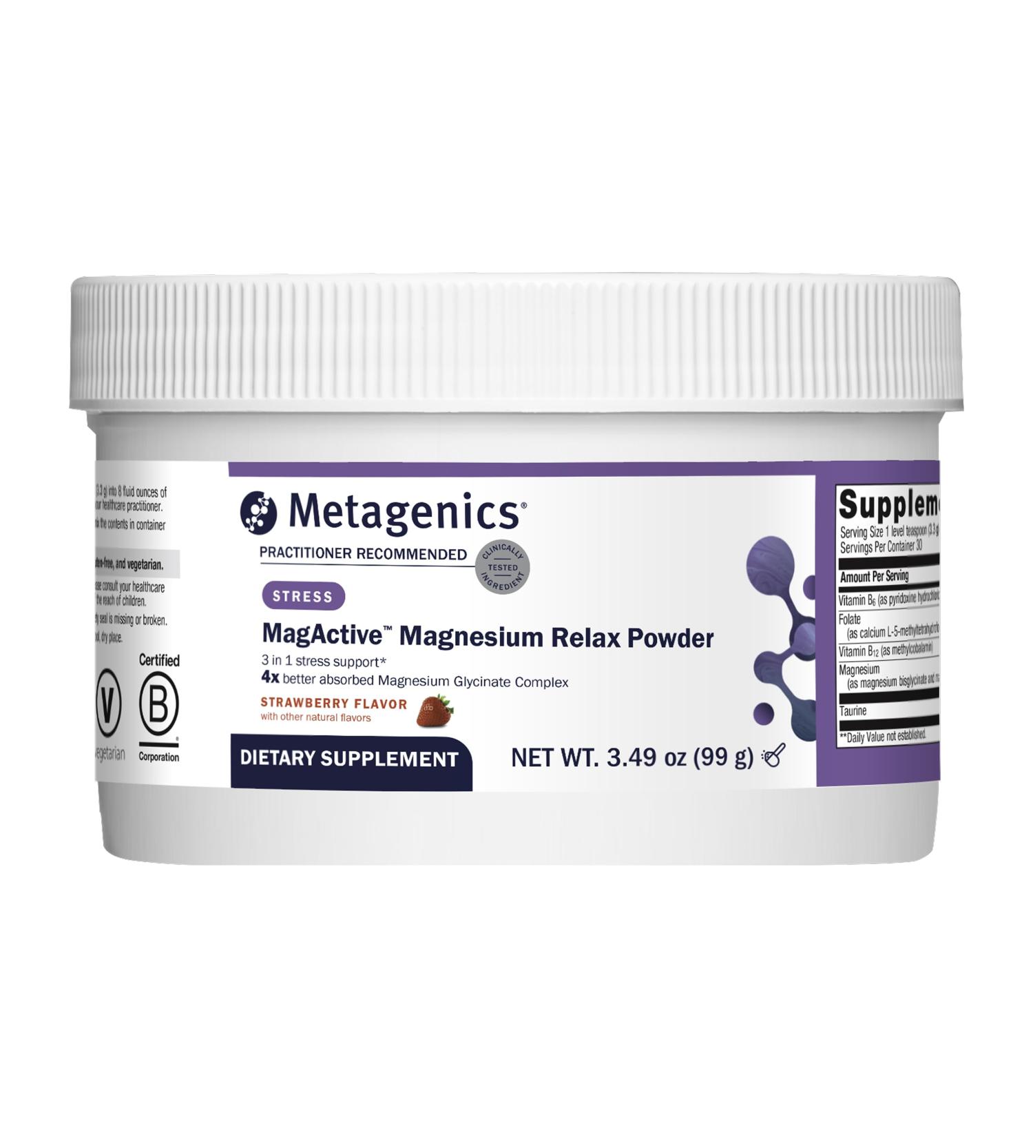 Metagenics MagActive Magnesium Relax - Powder Magnesium Supplement for Calming Support - Aids Tension Irritability & Muscle Tightness - Highly Absorbable & Non-Drowsy - 99 g Strawberry Flavor - Buy Online on GoSupps.com