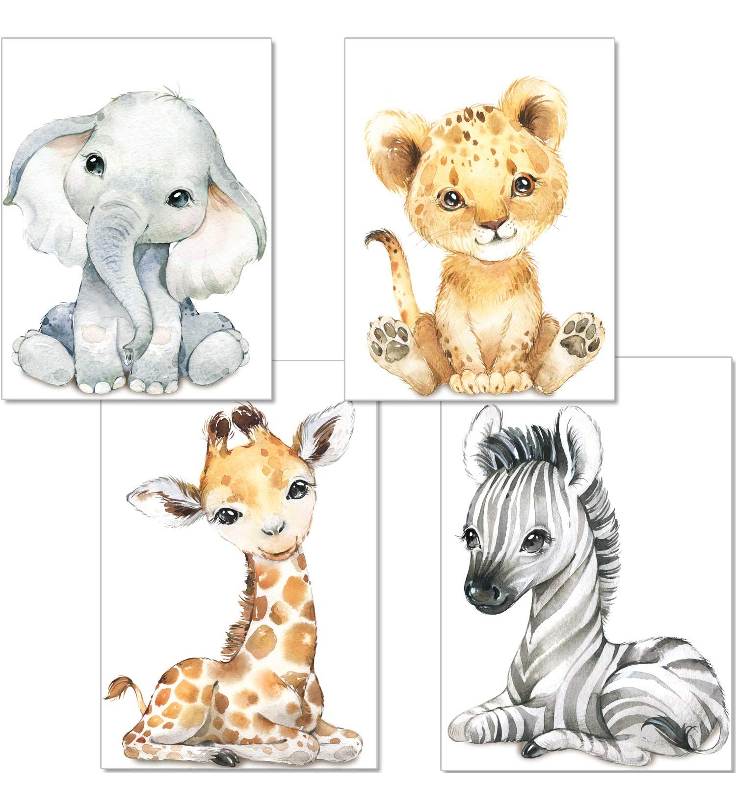 Baby Jungle Animals Nursery Wall Art Set - Safari Theme for Boy or Girl - Elephant Tiger Giraffe Zebra Prints - Set of 4 A4 Size Nursery Posters - Buy Online on GoSupps.com