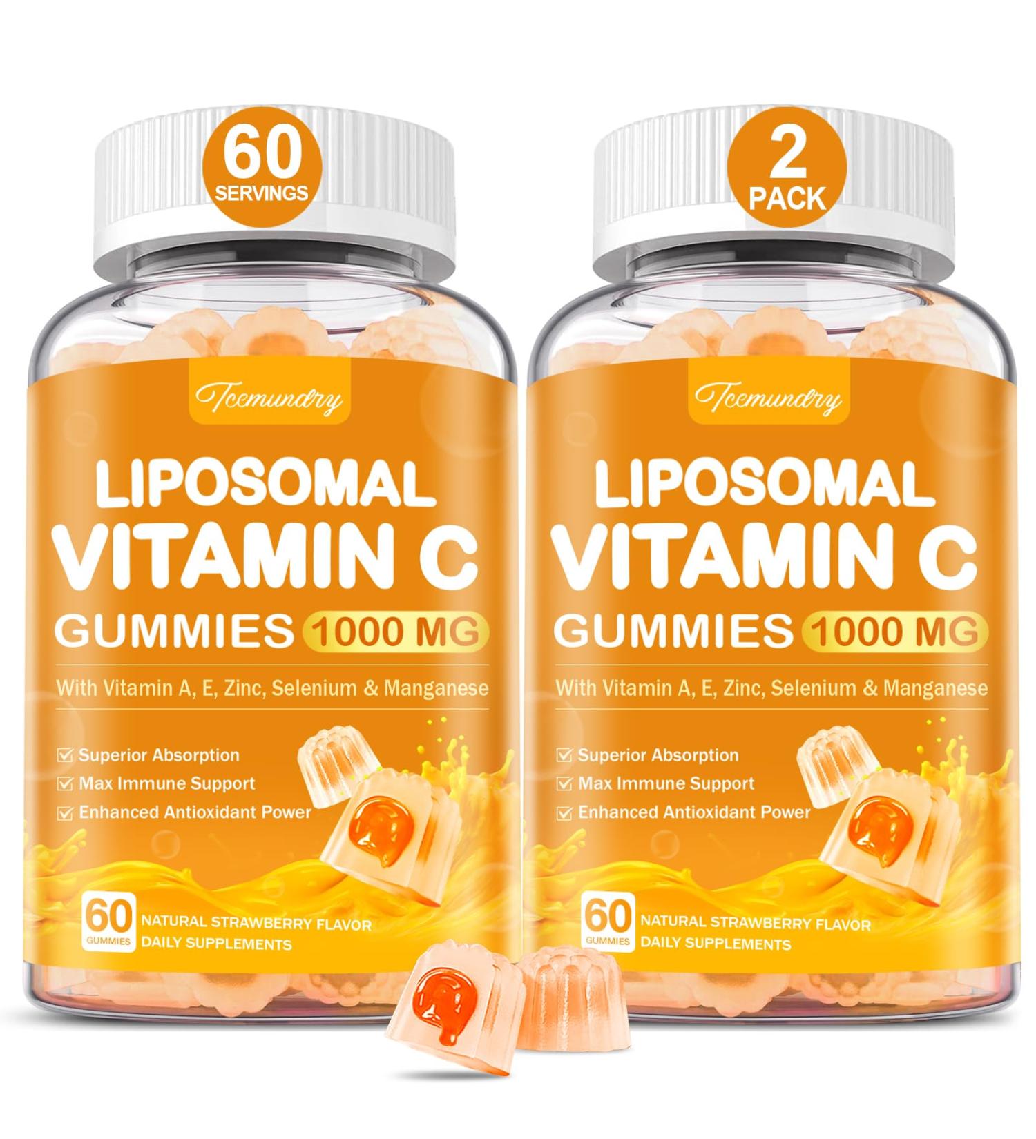 Liposomal Vitamin C Gummies 1000mg for Adults: Vitamin C Chewable Gummy with Zinc Elderberry Vitamins A & E Strawberry 60 Count (Pack of 2) - Buy Online on GoSupps.com
