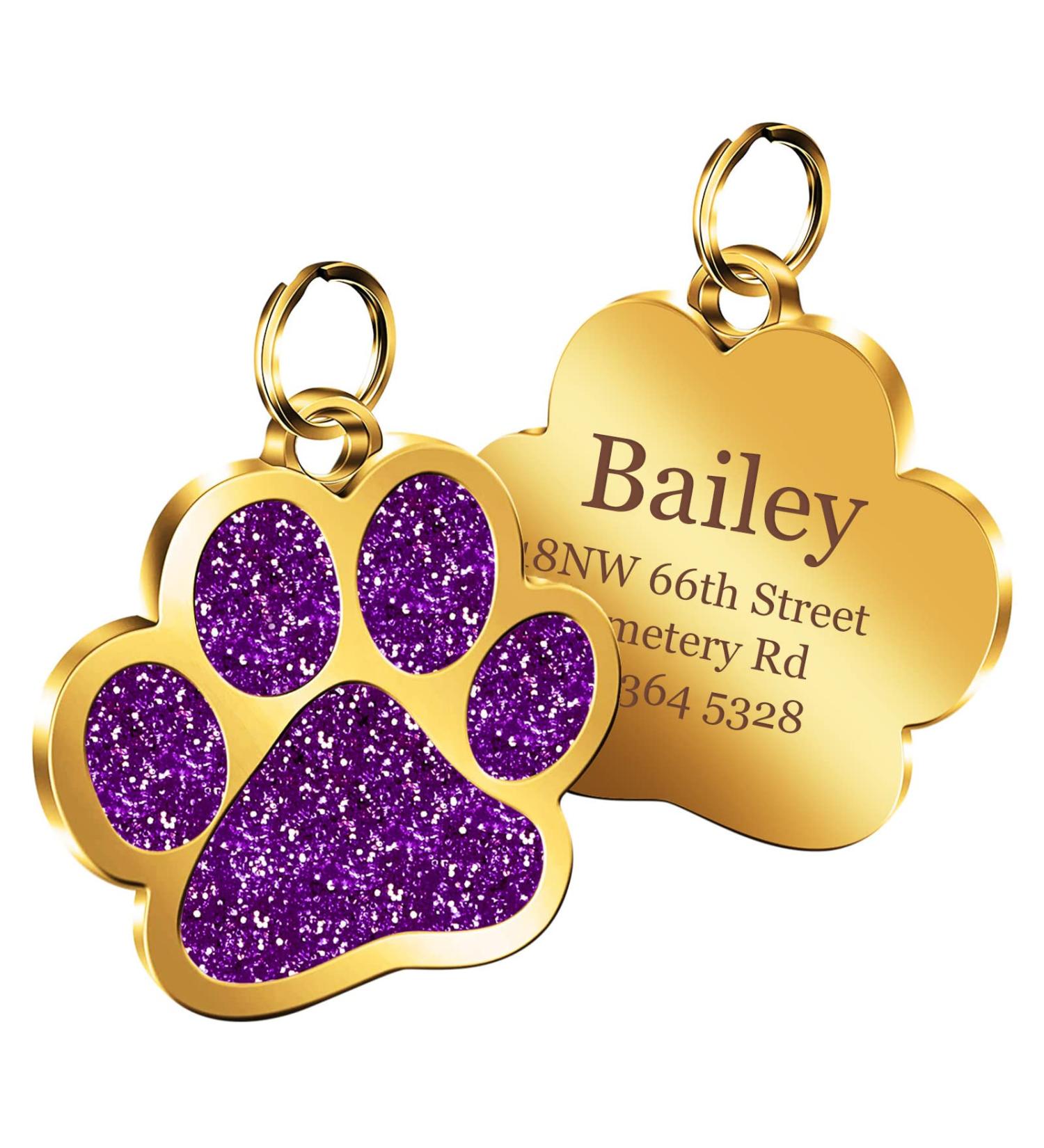 Nibana Personalized Dog Tags Glitter Paw Print Custom Pet ID Tags Engraved Cat Name Tags for Small Medium Large Dogs Cats up to 4 Lines of Custom Text Easy to Read(Purple) - Buy Online on GoSupps.com