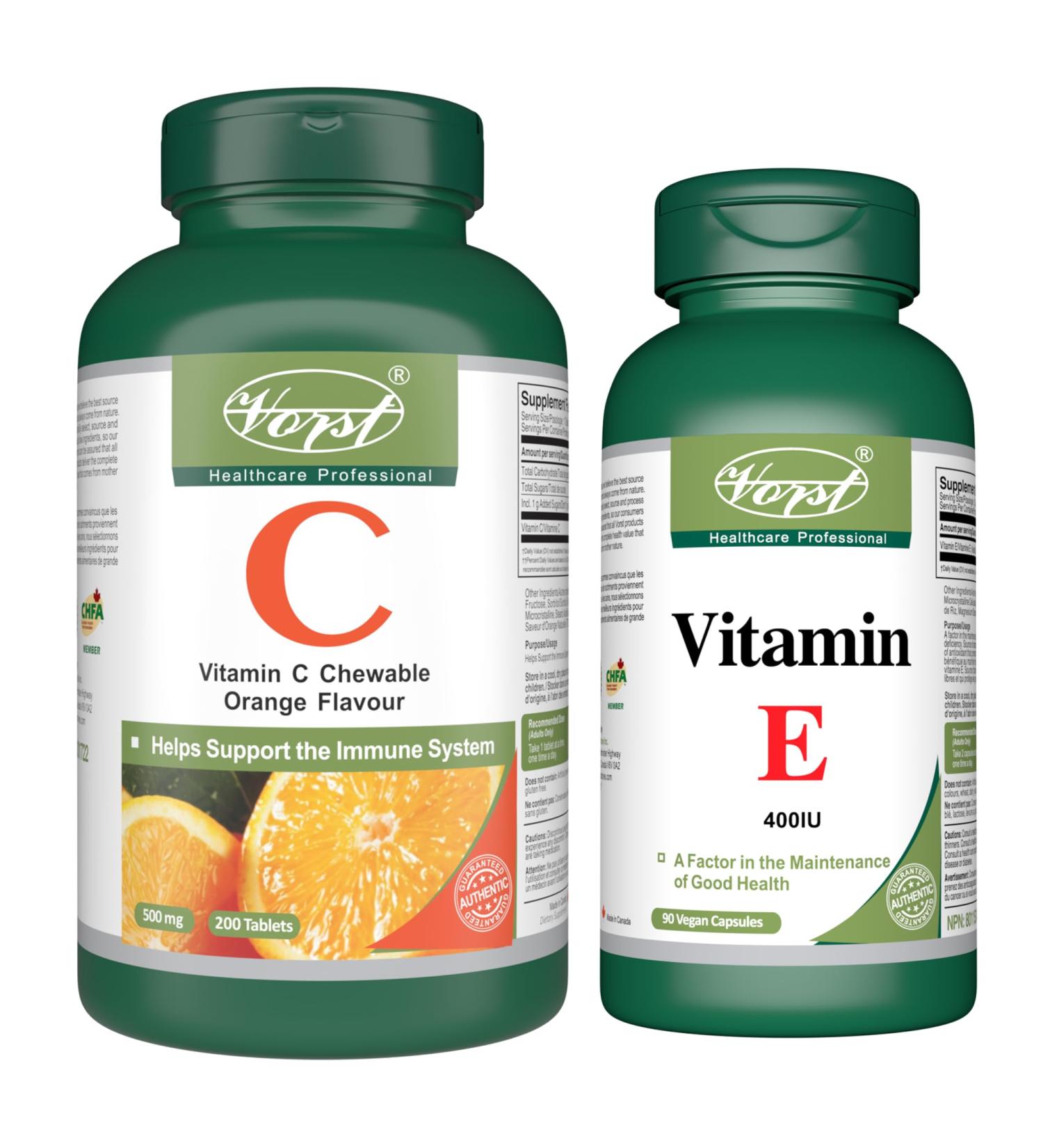 Vitamin E 400IU 90 Capsules and Vitamin C 500mg 200 Tablets (Combo Bundle 2 Bottles) - Buy Online on GoSupps.com