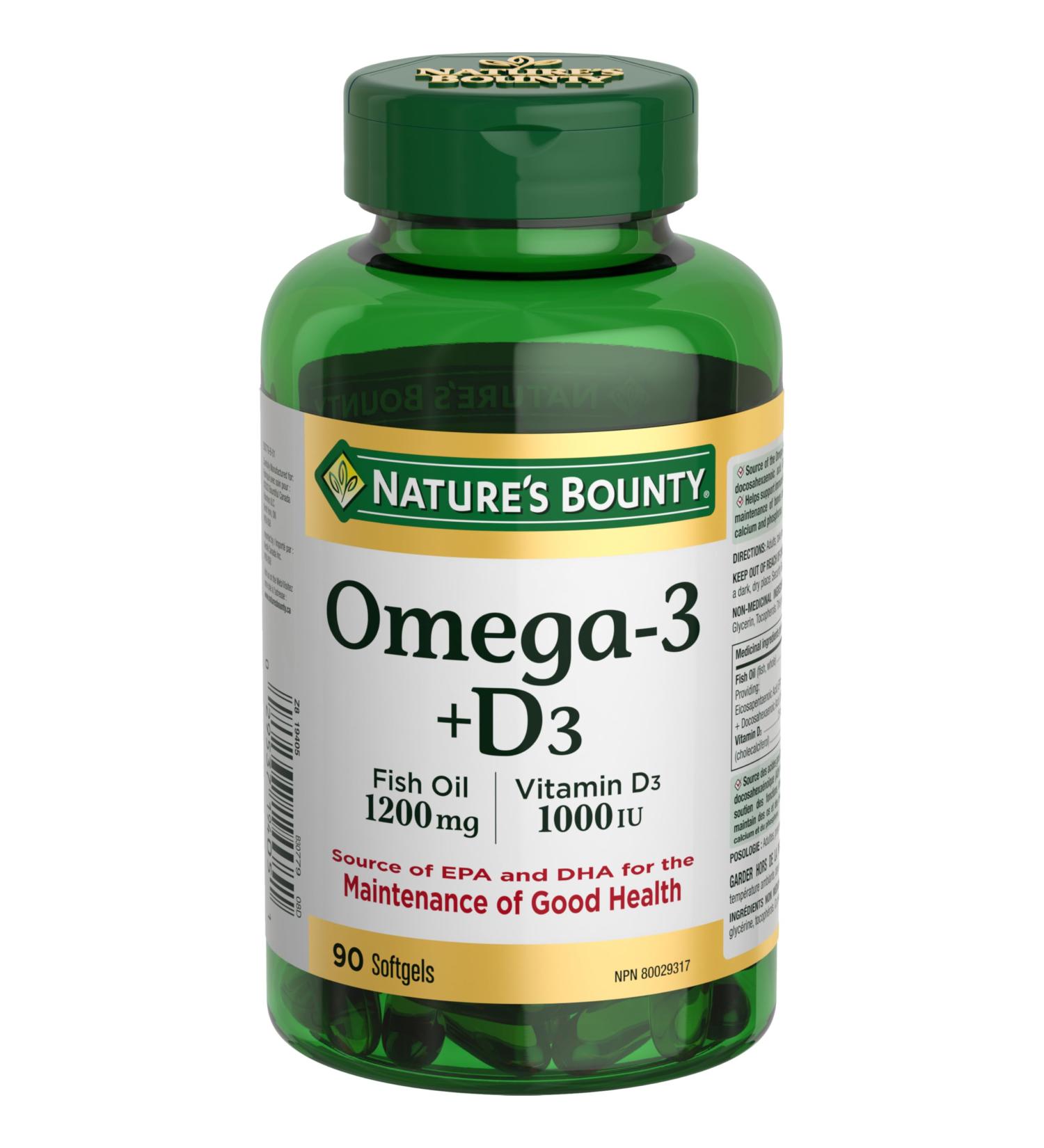 Nature's Bounty Omega-3 + D3 Fish Oil 1200mg / Vitamin D3 1000IU 90 softgels - Buy Online on GoSupps.com