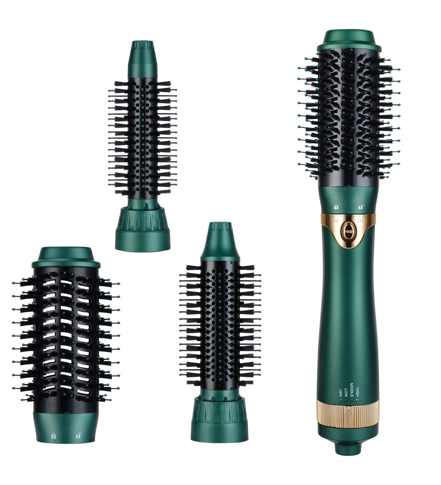 3-in-1 Hot Air Brush Hair Dryer & Volumizer | Ceramic Negative Ion Styler Brush with 3 Interchangeable Heads (Green) - Buy Online on GoSupps.com