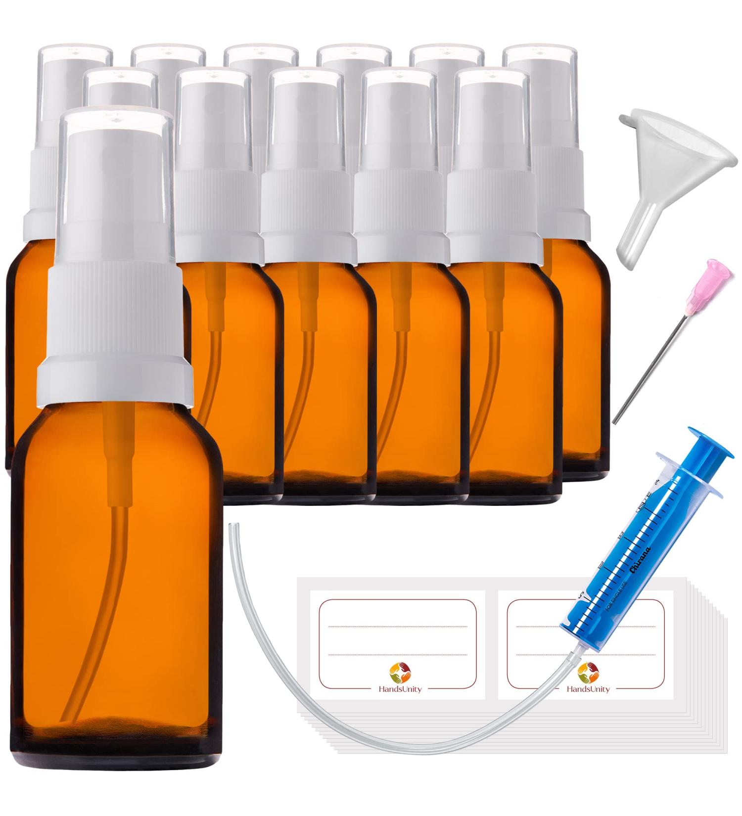 Handsunity 15ml-12Stk spray glass bottle-pharmacy amber glass bottle set with white atomizer glass spray bottle made of brown las including 29 accessories 15ml-12 pieces White cap