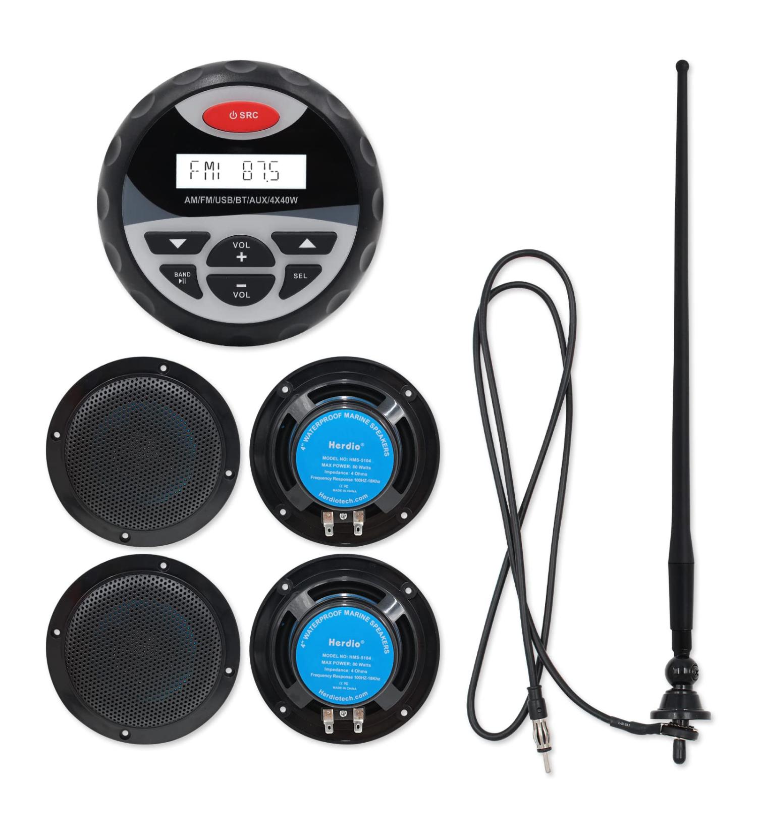 Herdio Marine Receiver Set with 4-inch Waterproof Speakers (2 Pairs) and Black Antenna - AM/FM Radio for Boat, Yacht, ATV, UTV - Buy Online on GoSupps.com