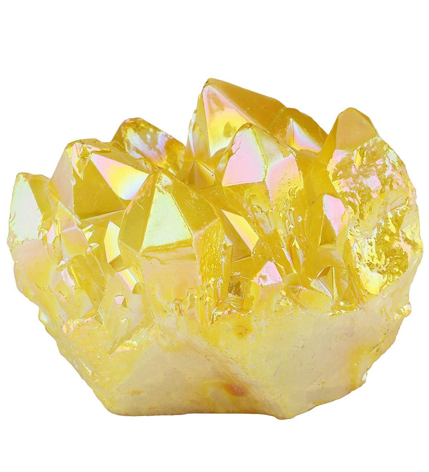 Kyeygwo Natural Mountain Crystal Titanium Coated Quartz Cluster - Healing Reiki Stone Decoration Irregular Gem Figure Lemon Yellow (30x17x15mm - 70x45x60mm) - Buy Online on GoSupps.com