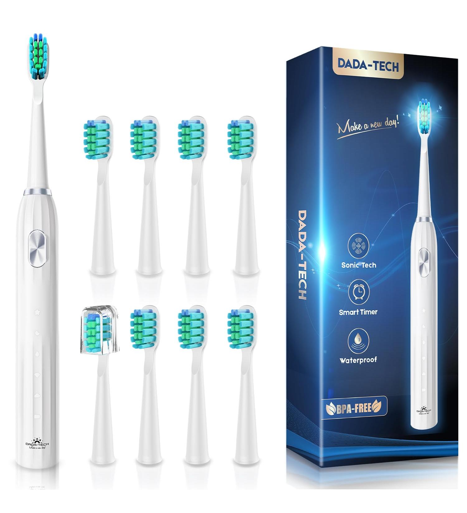 Dada-Tech Electric Toothbrush for Adults & Children - 90% Rounded Bristles 5 Modes 9 Heads Integrated Timer - Ultrasound Oral Care (White with Silver Button) - Buy Online on GoSupps.com