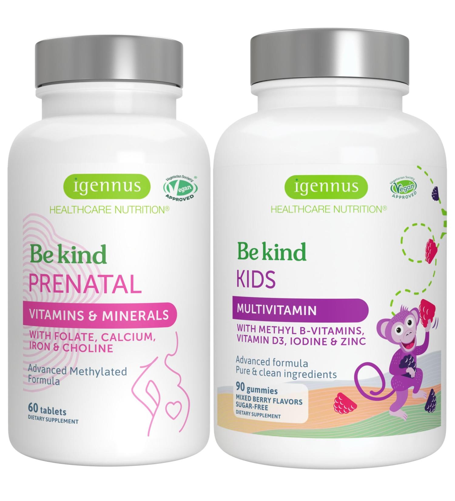 High Absorption Methylated Prenatal + Advanced Kids Multivitamin Gummy Vegan Bundle Clean Label with Vitamin A B C D3 & E 60 Tablets + 90 Berry Flavor Gummies Be Kind by Igennus - Buy Online on GoSupps.com