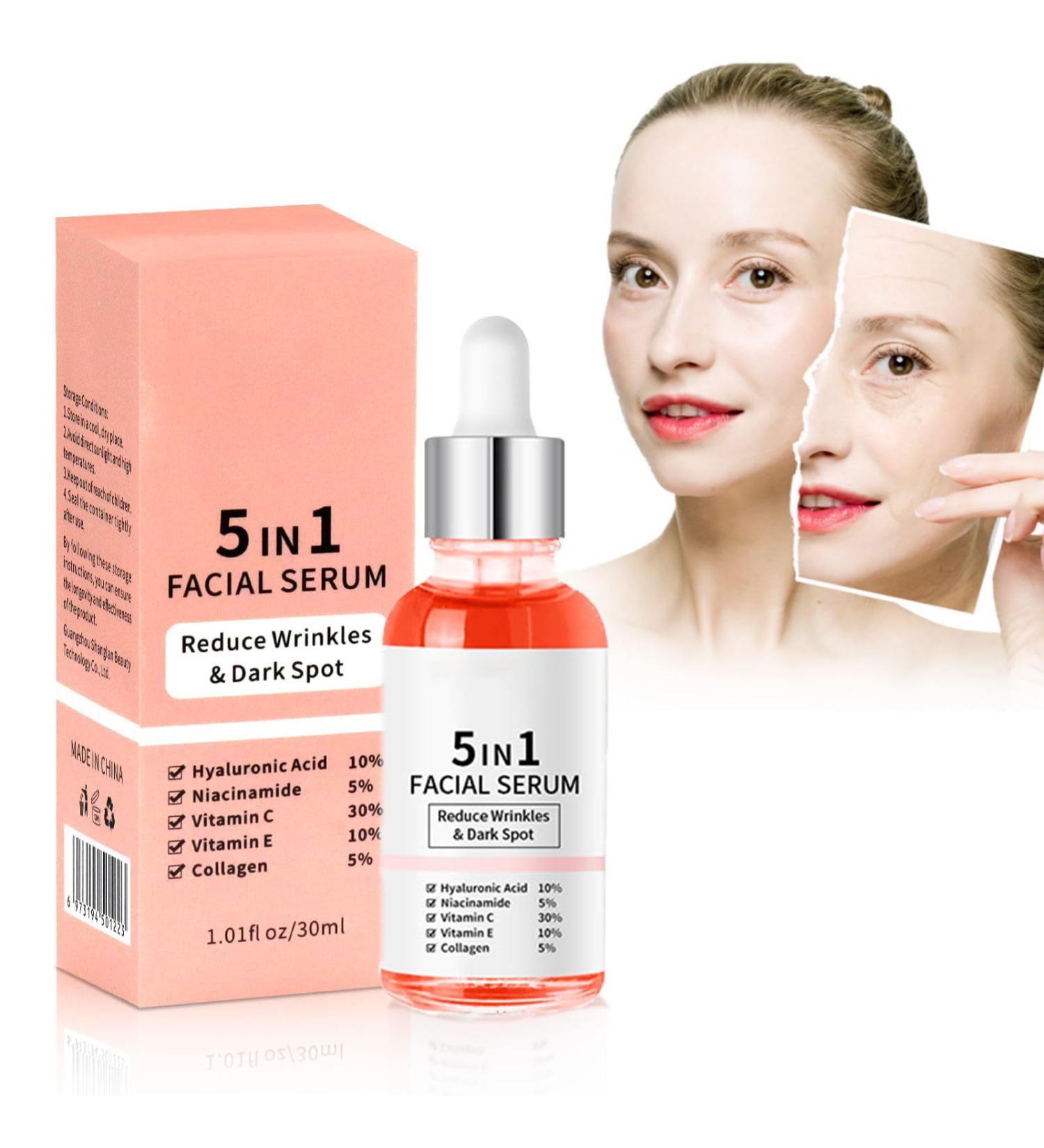 5 in 1 Facial Serum 30ml - Hyaluronic Acid Niacinamide Vitamin C & E Anti-Aging & Brightening Serum for All Skin Types - International Shipping - Buy Online on GoSupps.com