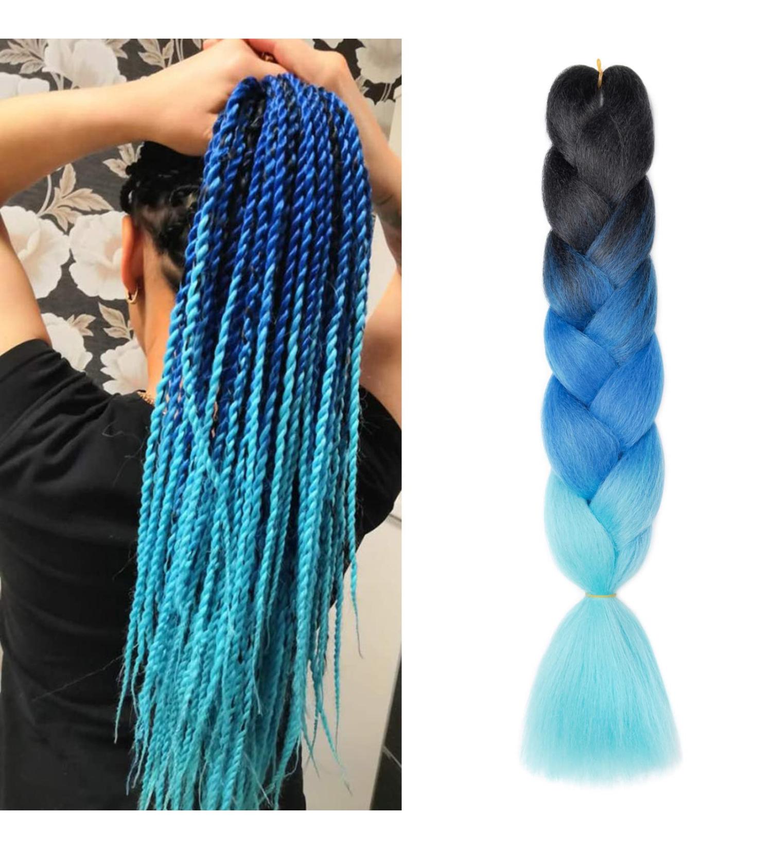 Gairyan Jumbo Braids Extensions - Ombre Synthetic 60cm 100g Hair for Box Crochet - Black Sapphire & Sky Blue - Buy Online on GoSupps.com