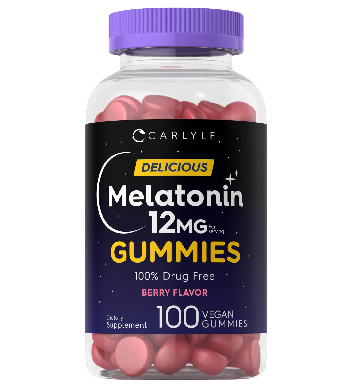 Carlyle Melatonin Gummies 12mg | 100 Count | Berry Flavor | Vegan Supplement | Non-GMO Gluten Free - Buy Online on GoSupps.com