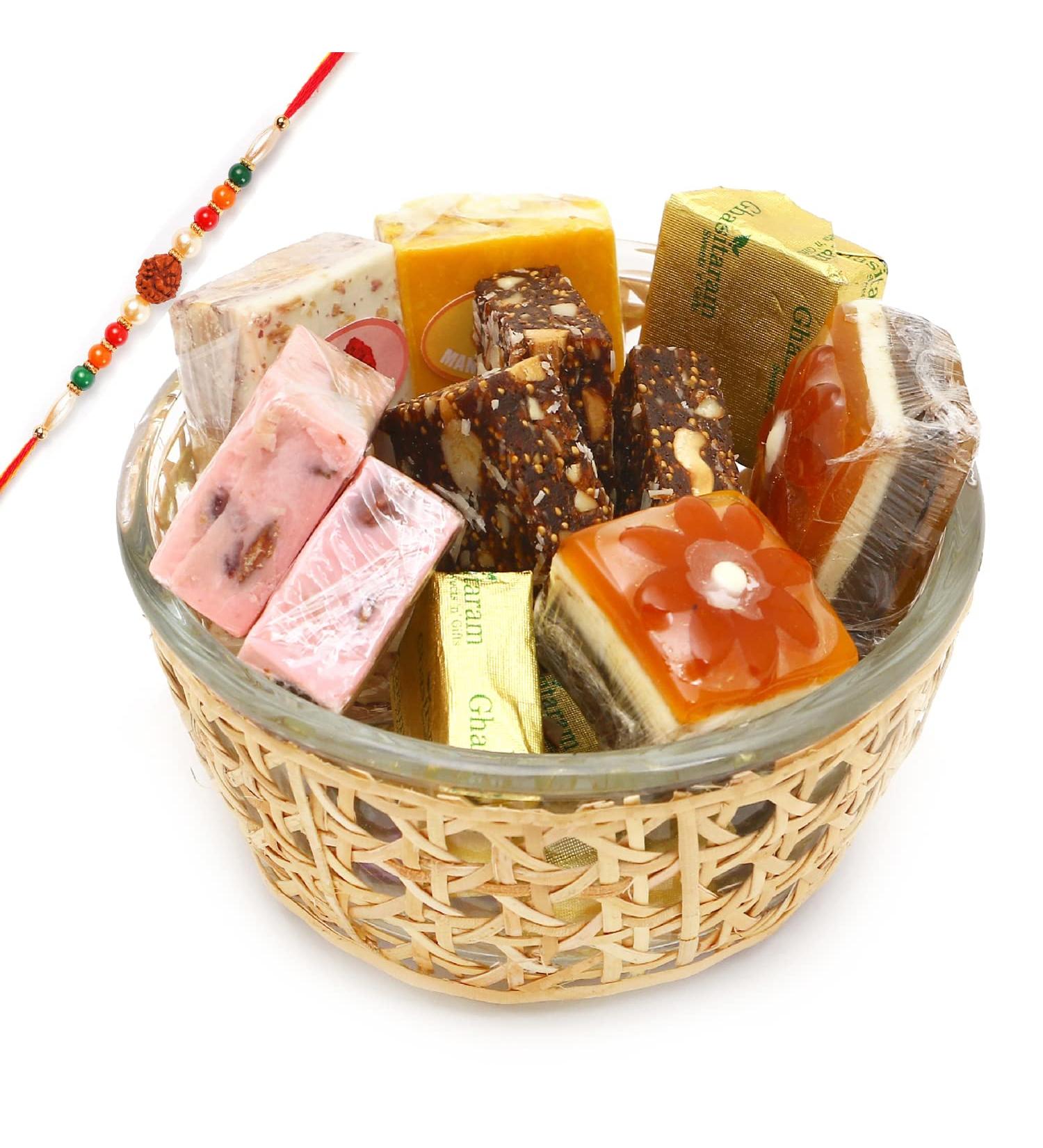 Ghasitaram Gifts Rakhi Gifts for Brothers Cane Glass Bowl with Assorted Bites with Rudraksh Rakhi - Buy Online on GoSupps.com